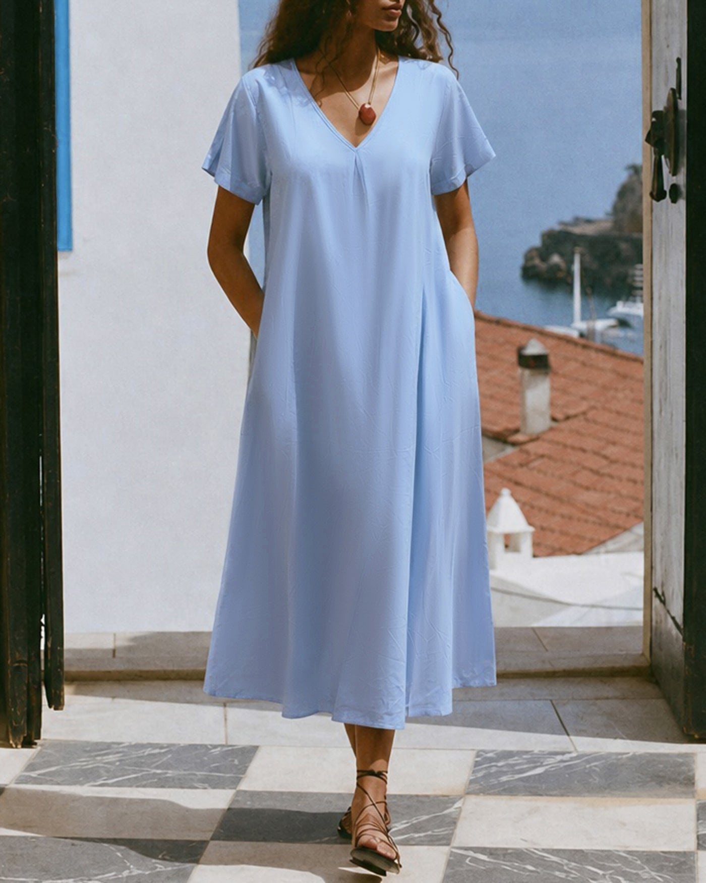 Blue Solid V Neck Pockets Midi Dress