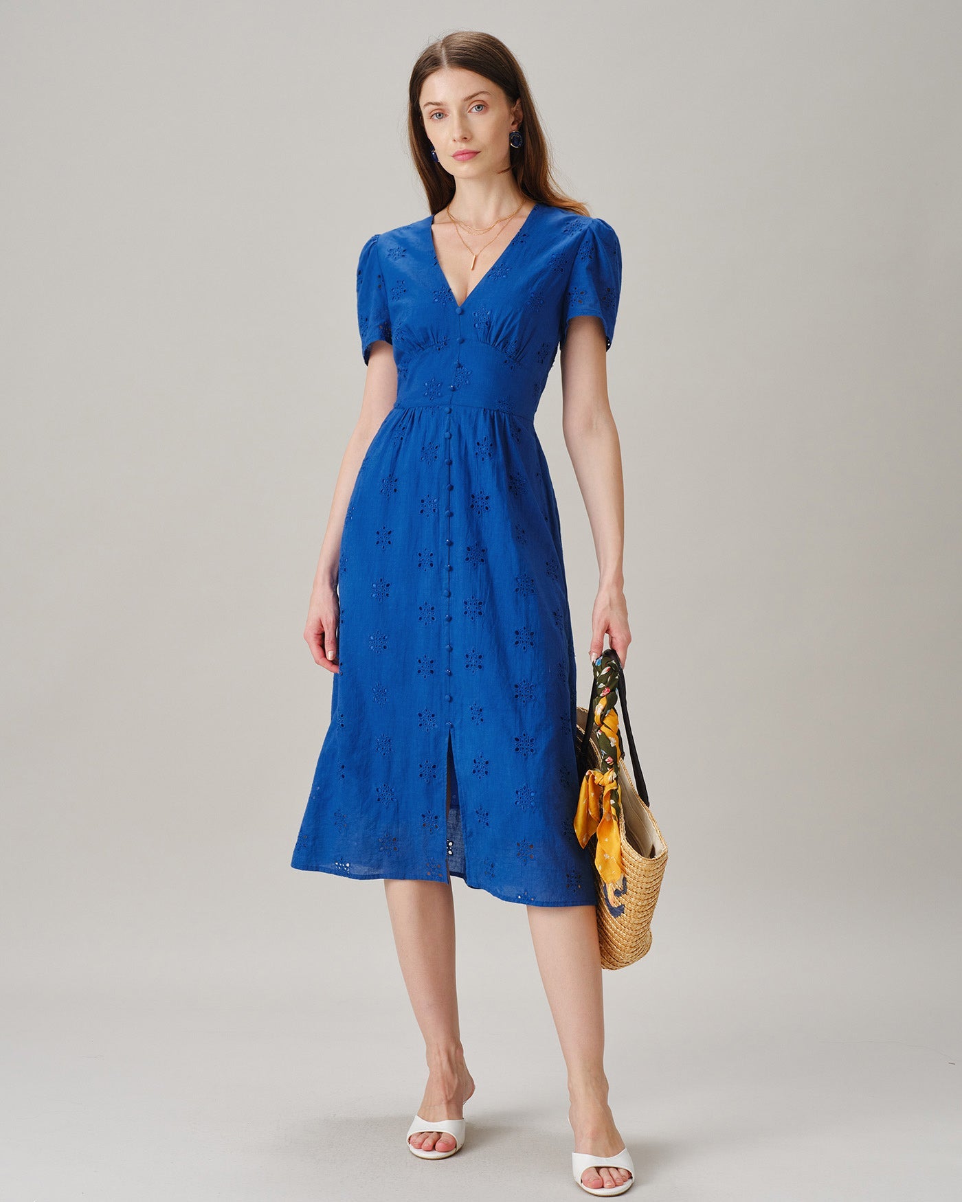 Blue V Neck Puffed Sleeve Slit Midi Dress