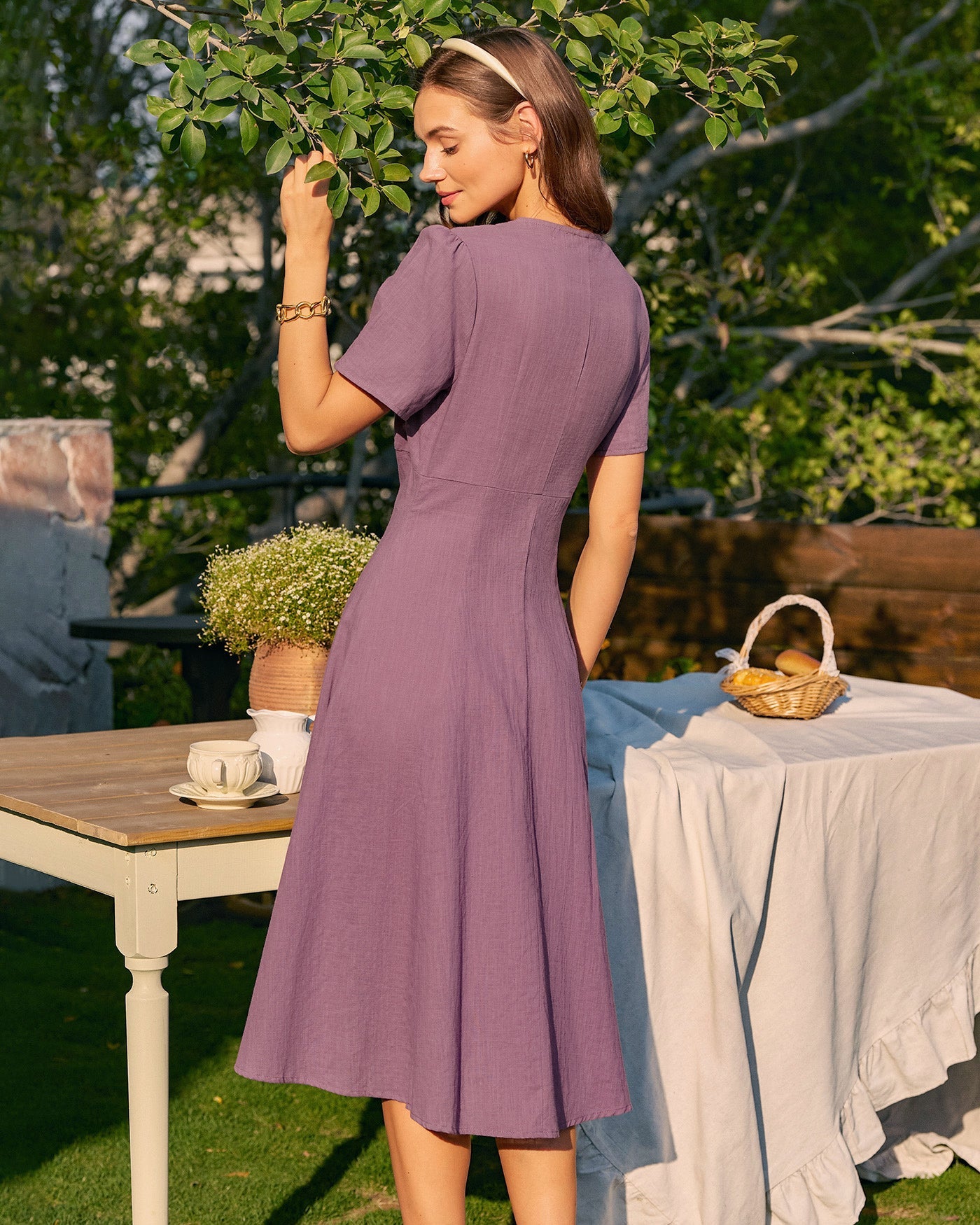 Purple V Neck Button Midi Dress