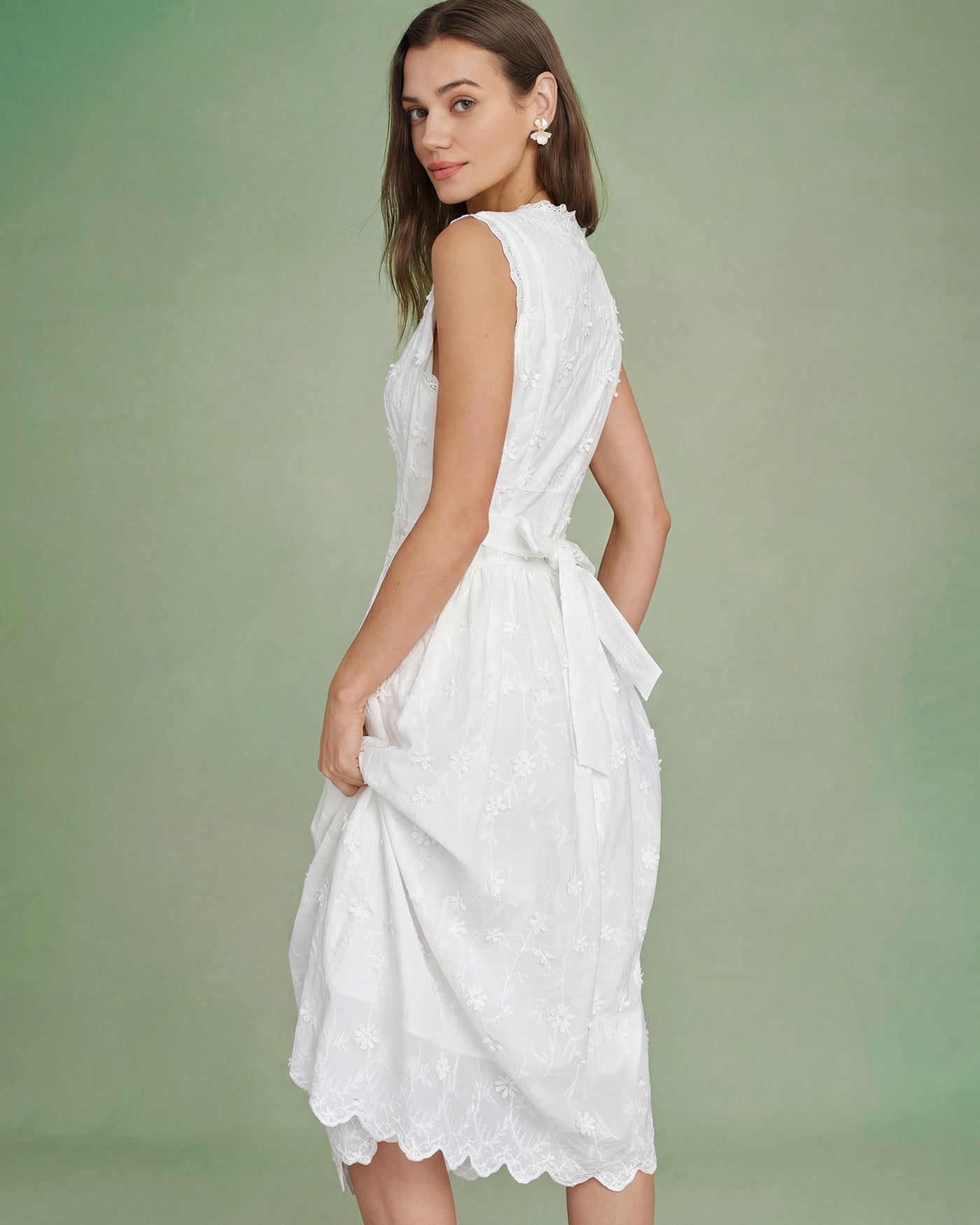 White V Neck Embroidery Midi Dress