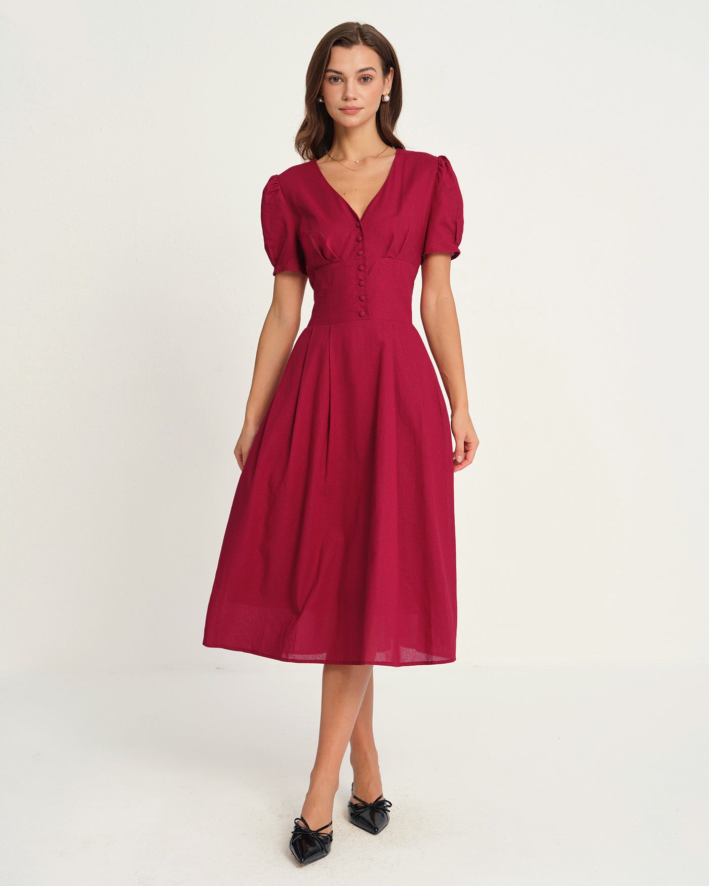 Red V Neck Midi Dress