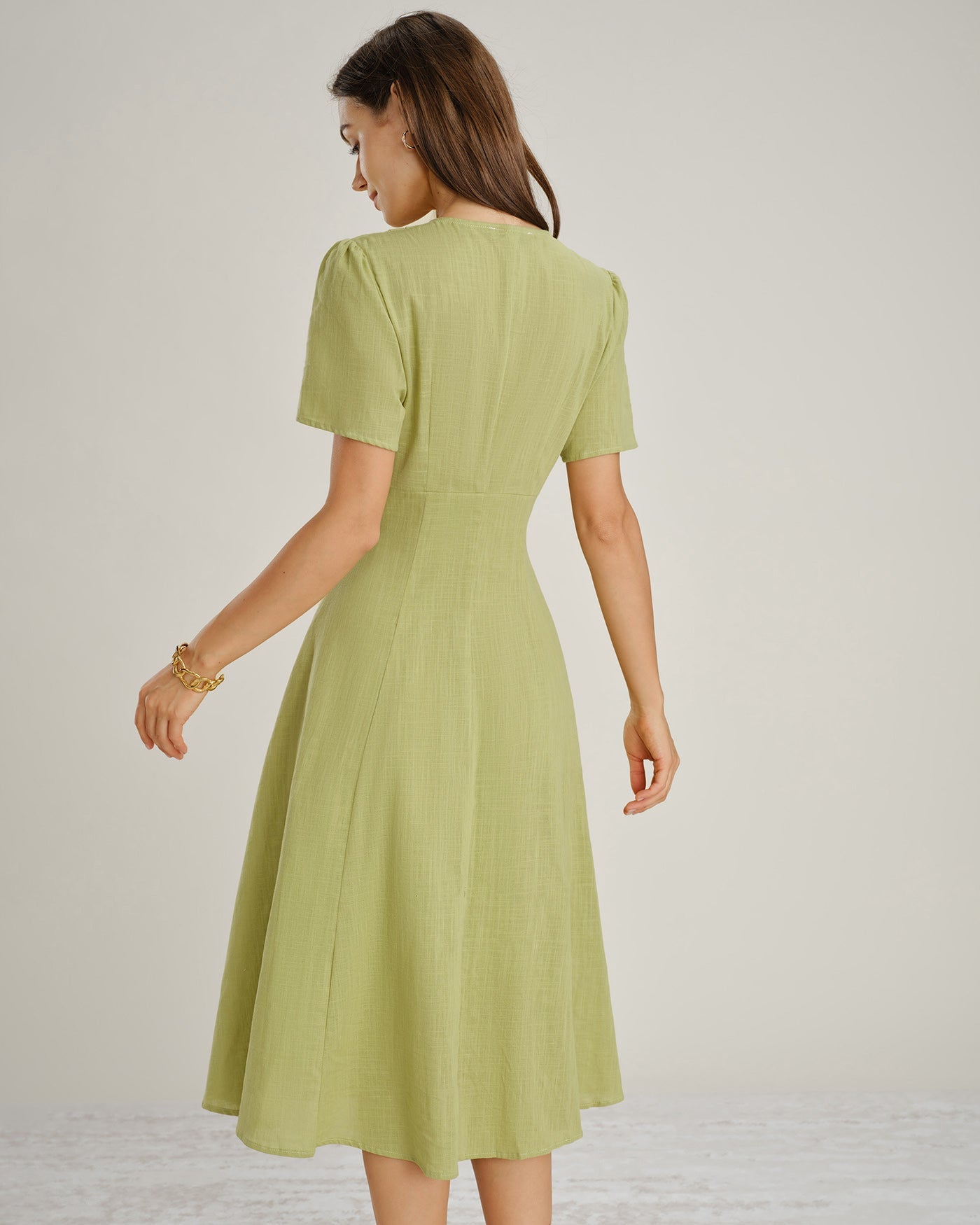 Green V Neck Button A-Line Midi Dress