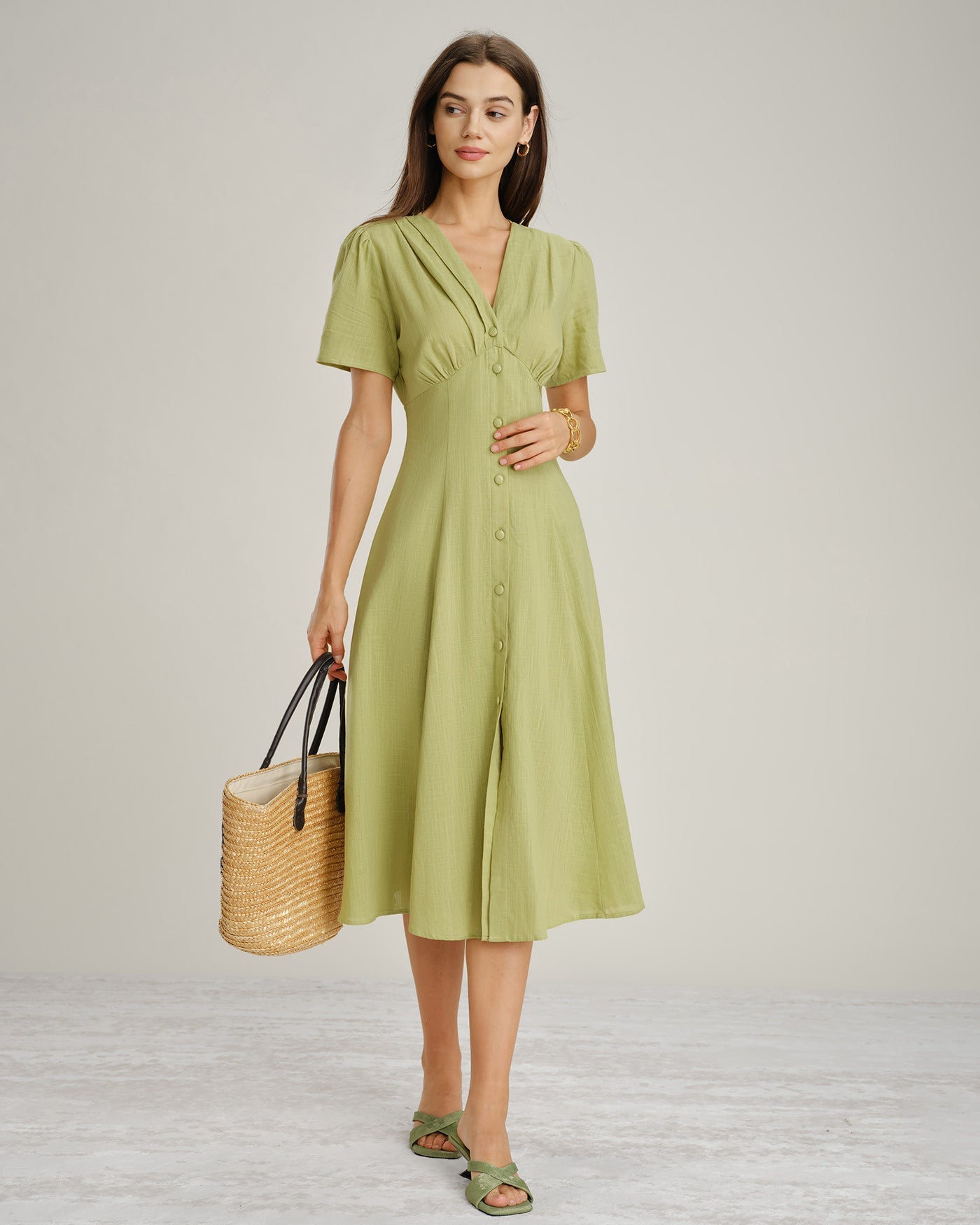 Green V Neck Button A-Line Midi Dress