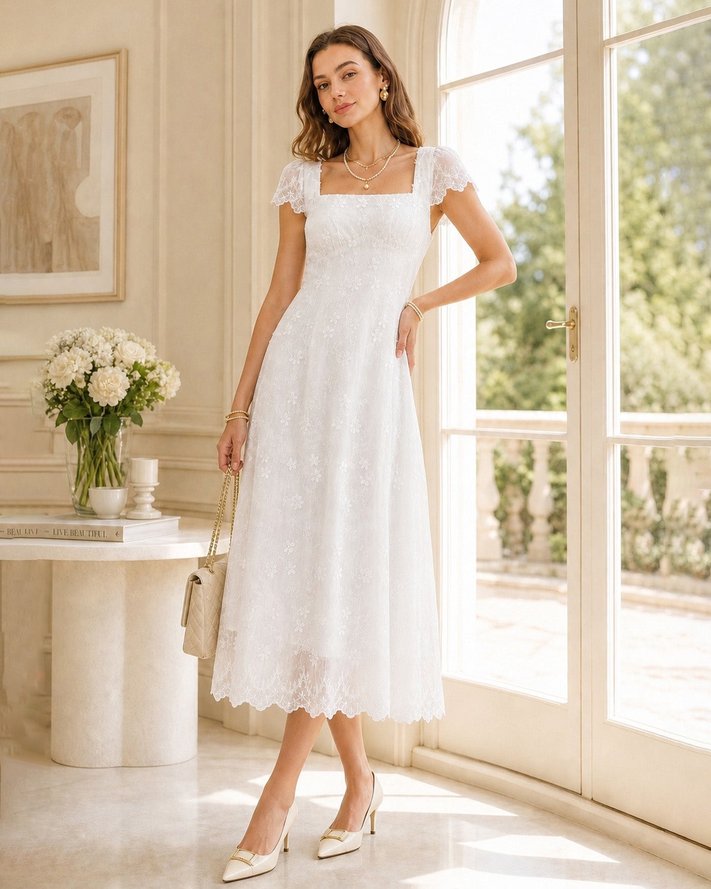 White Square Neck Embroidery Midi Dress