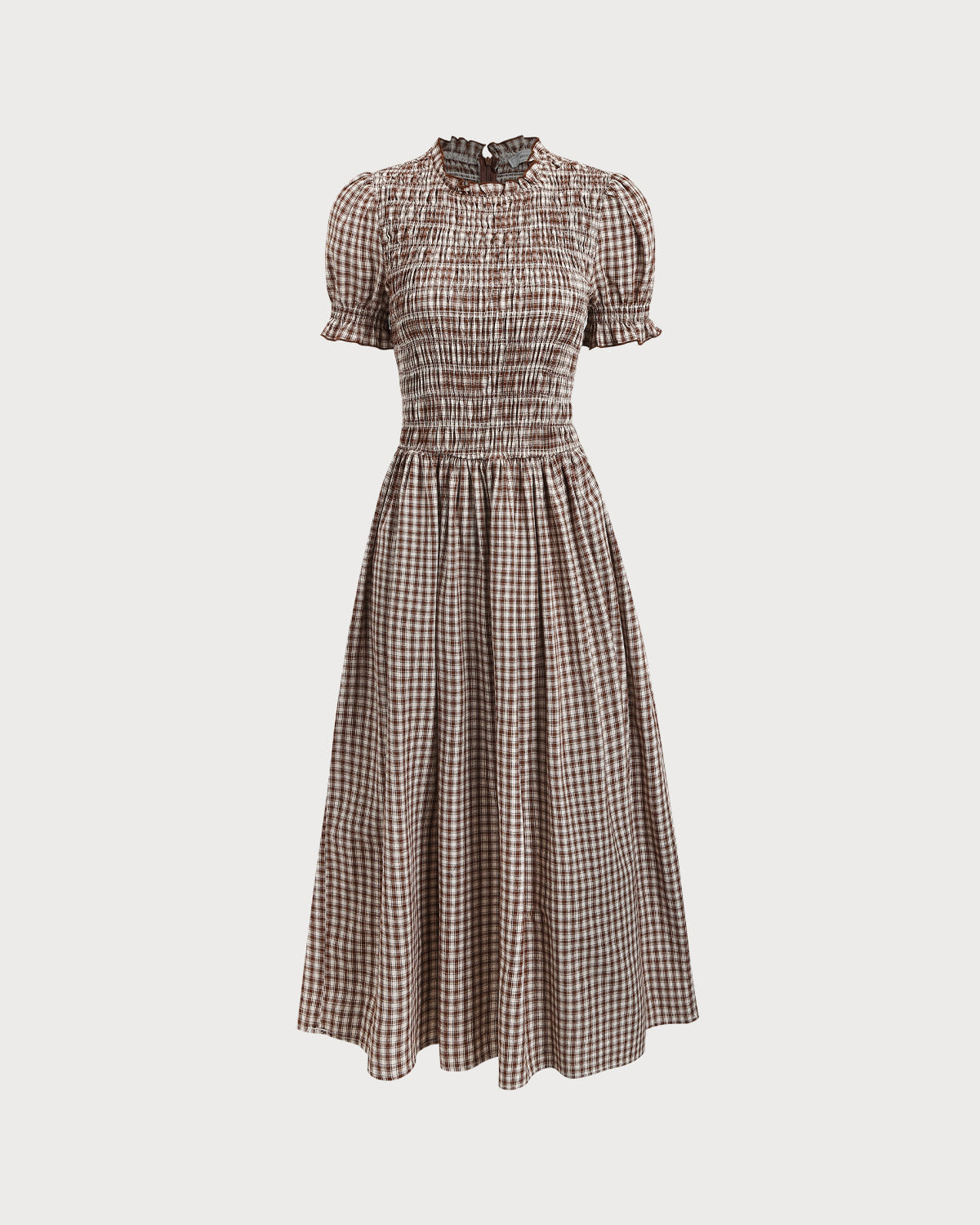 Coffee Plaid Shirred Puffed Sleeve Midi Dress