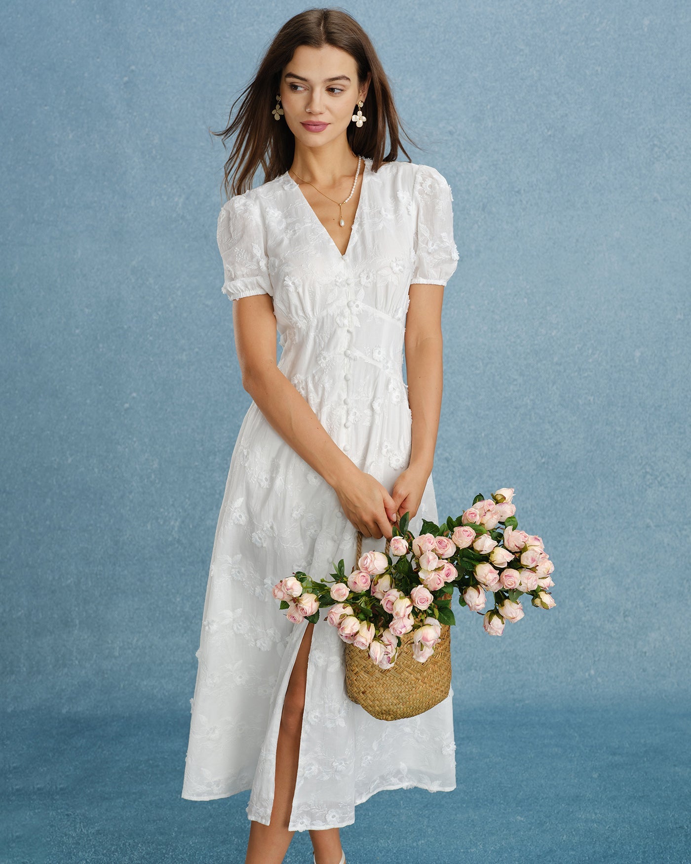 White Puffed Sleeve Embroidery Midi Dress