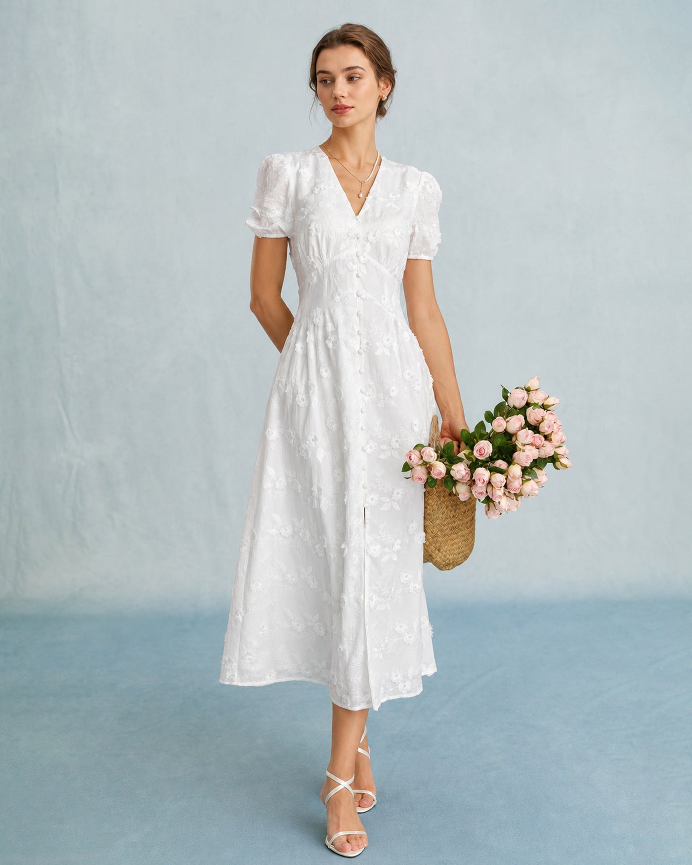 White Puffed Sleeve Embroidery Midi Dress