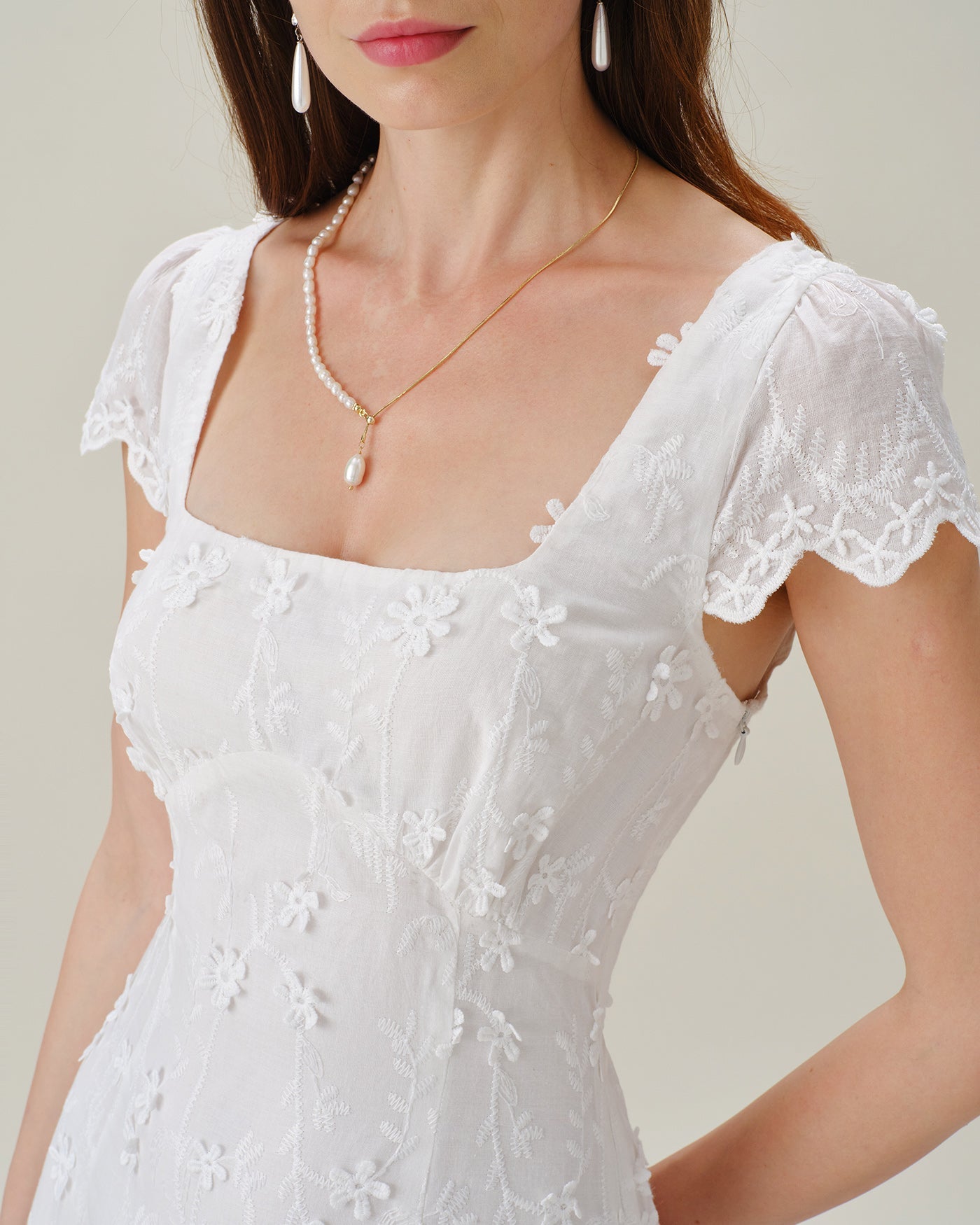 White Square Neck Embroidery Midi Dress