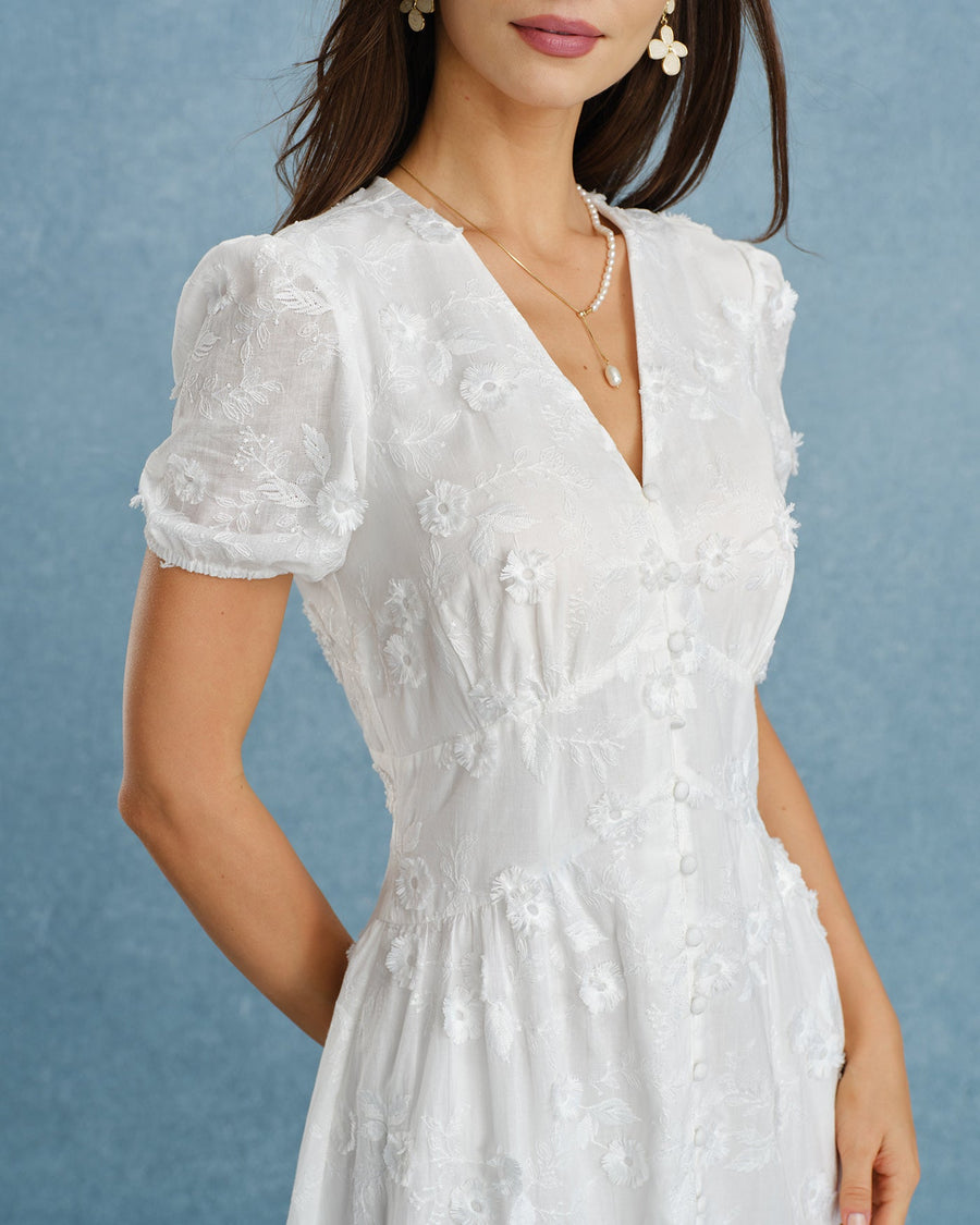White Puffed Sleeve Embroidery Midi Dress