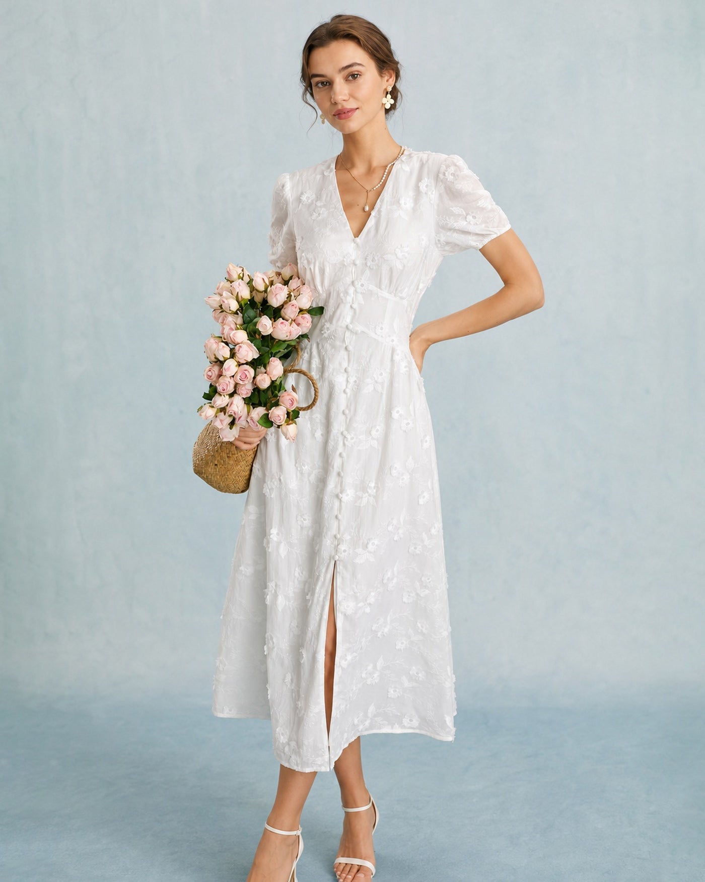 White Puffed Sleeve Embroidery Midi Dress