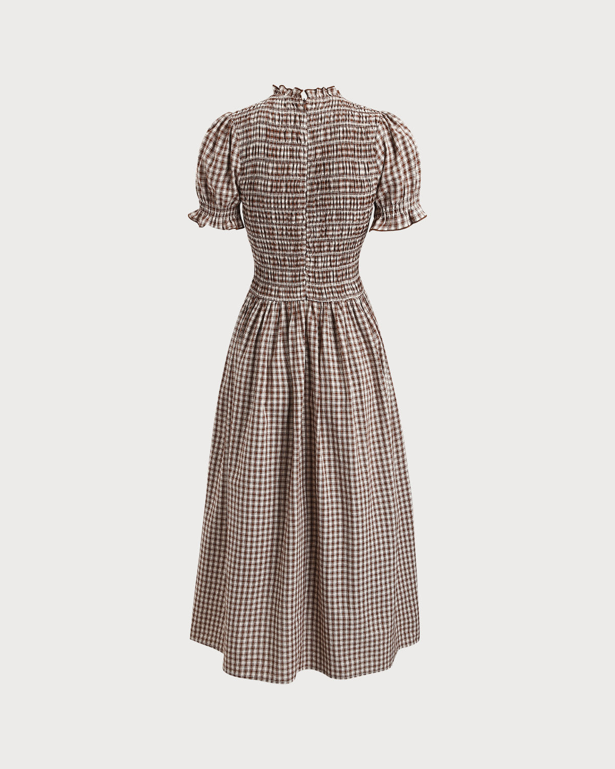 Coffee Plaid Shirred Puffed Sleeve Midi Dress