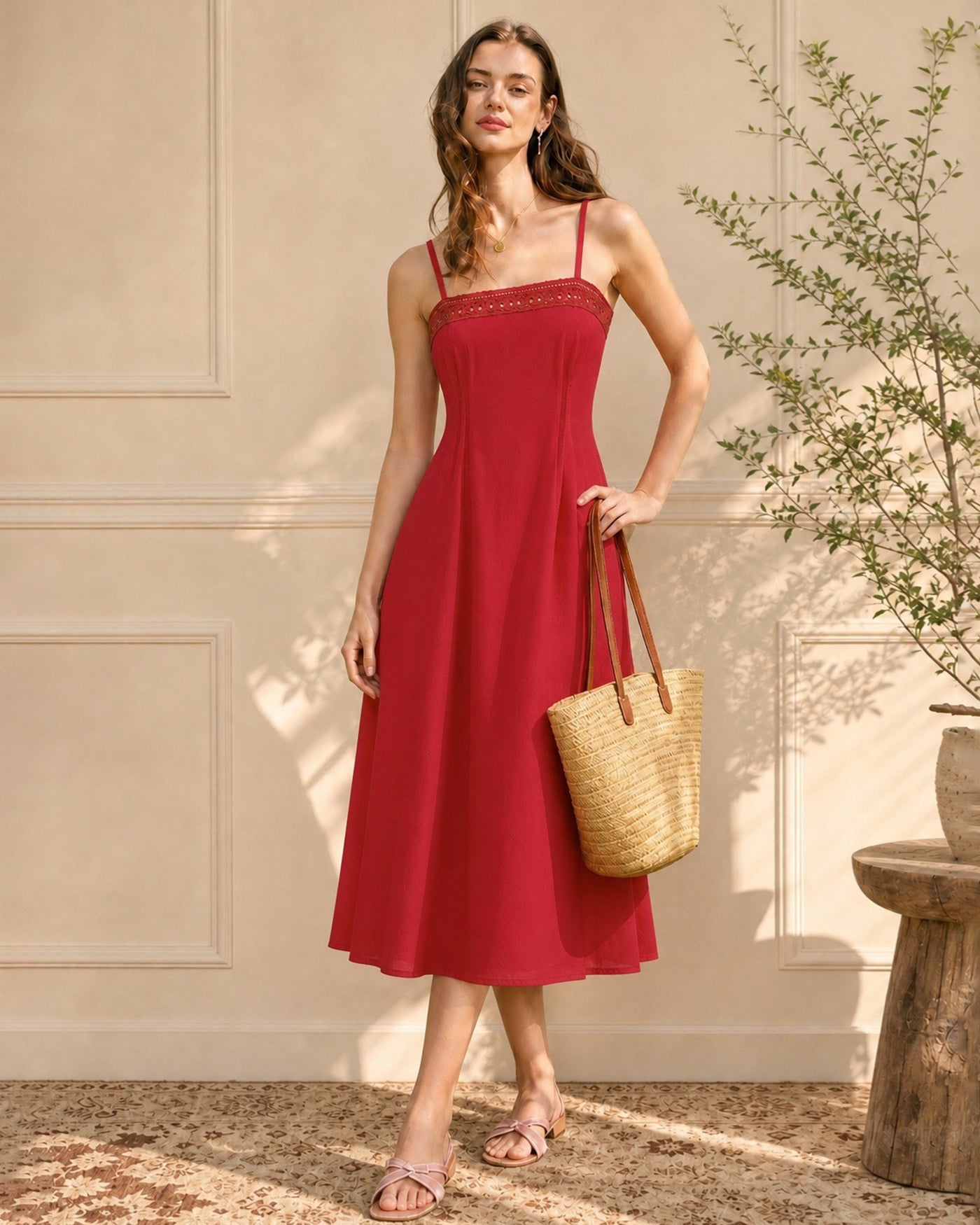 Red Square Neck Lace A-Line Midi Dress