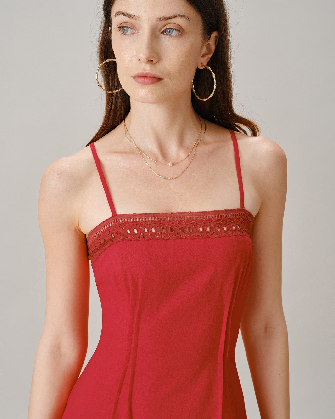 Red Square Neck Lace A-Line Midi Dress