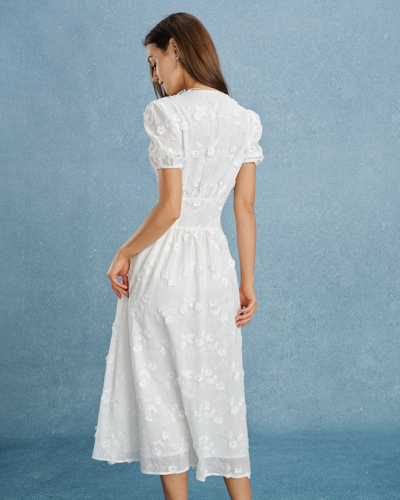 White Puffed Sleeve Embroidery Midi Dress