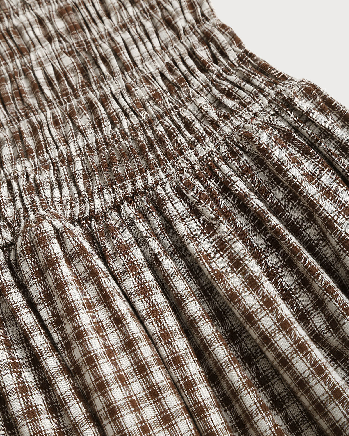 Coffee Plaid Shirred Puffed Sleeve Midi Dress
