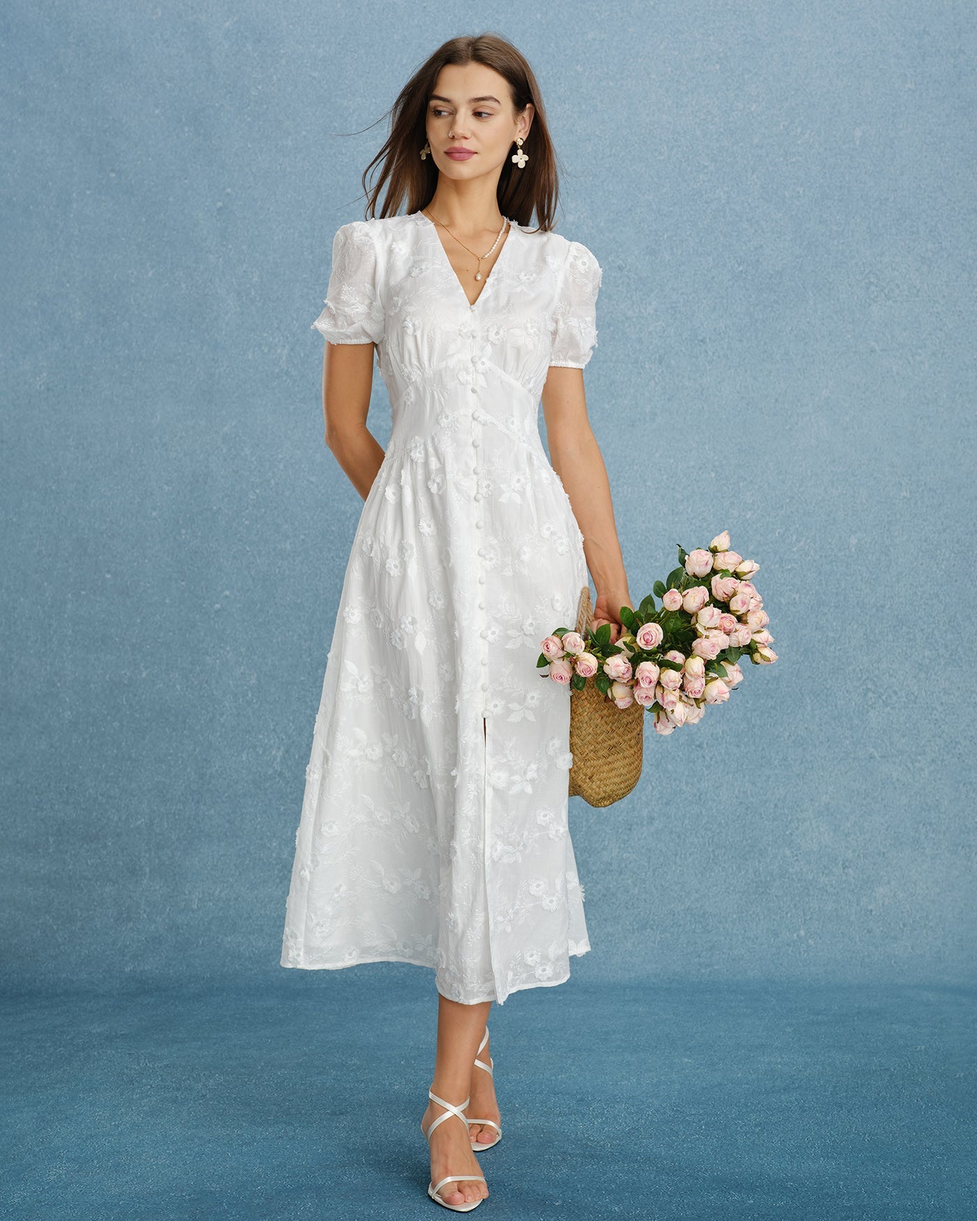 White Puffed Sleeve Embroidery Midi Dress