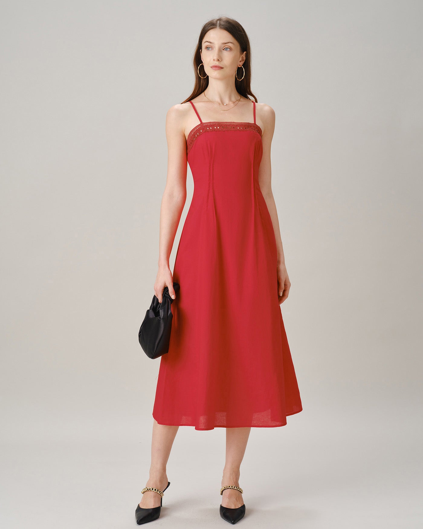 Red Square Neck Lace A-Line Midi Dress