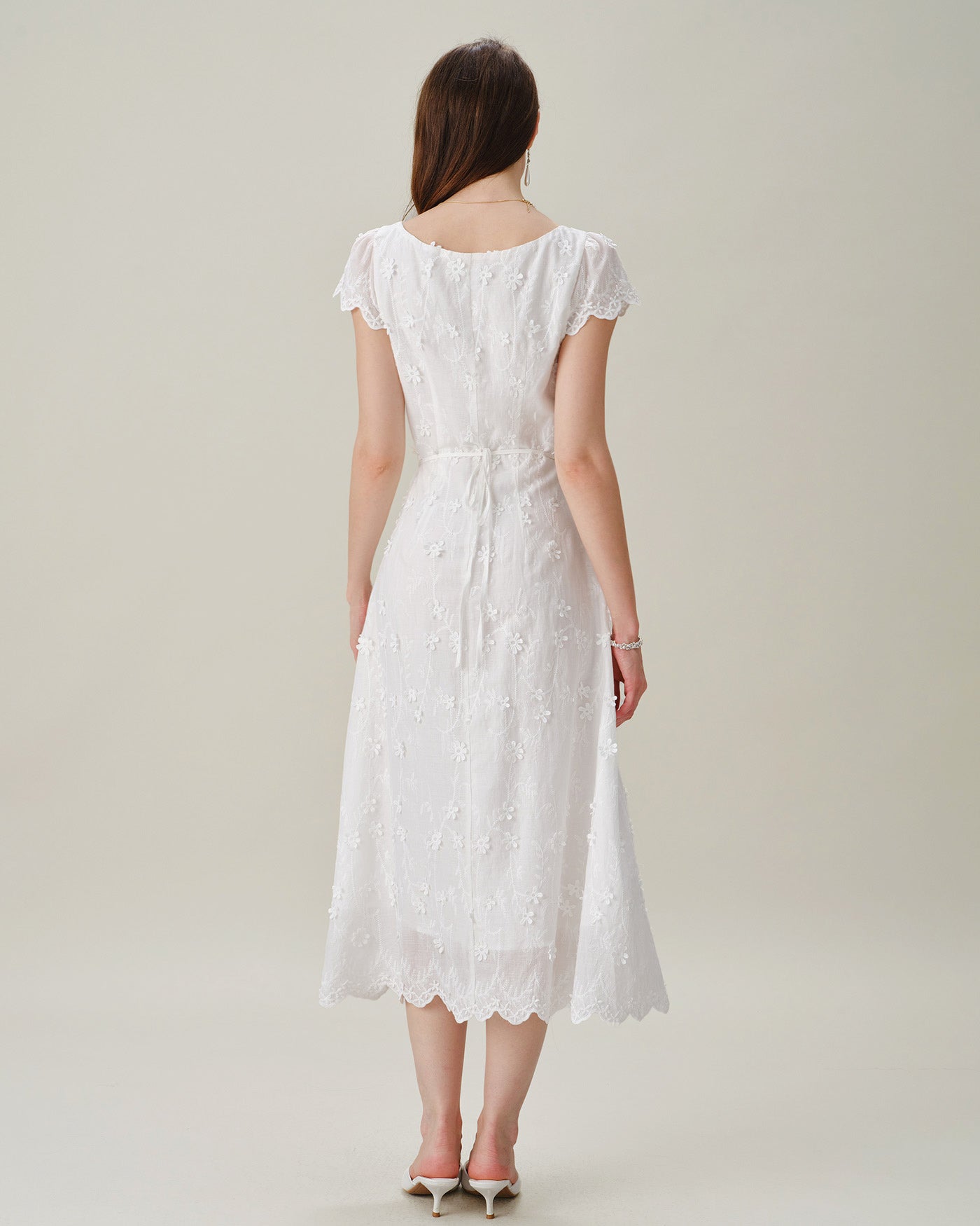 White Square Neck Embroidery Midi Dress