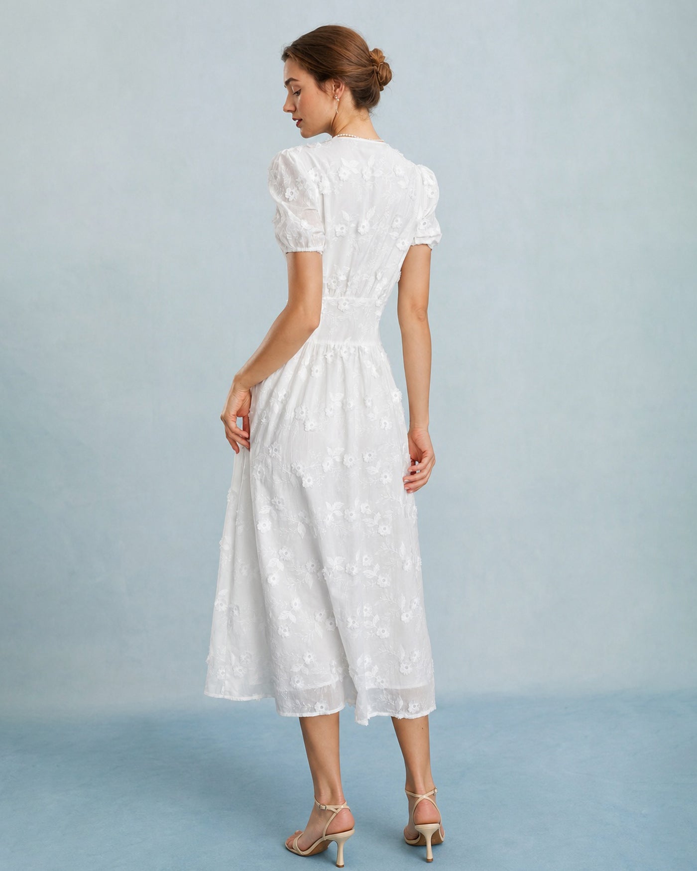 White Puffed Sleeve Embroidery Midi Dress