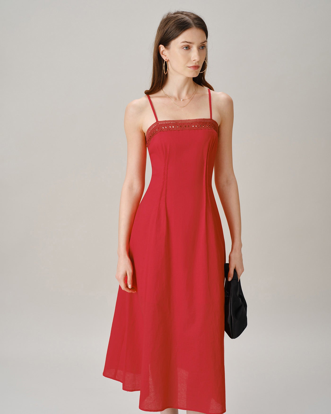 Red Square Neck Lace A-Line Midi Dress