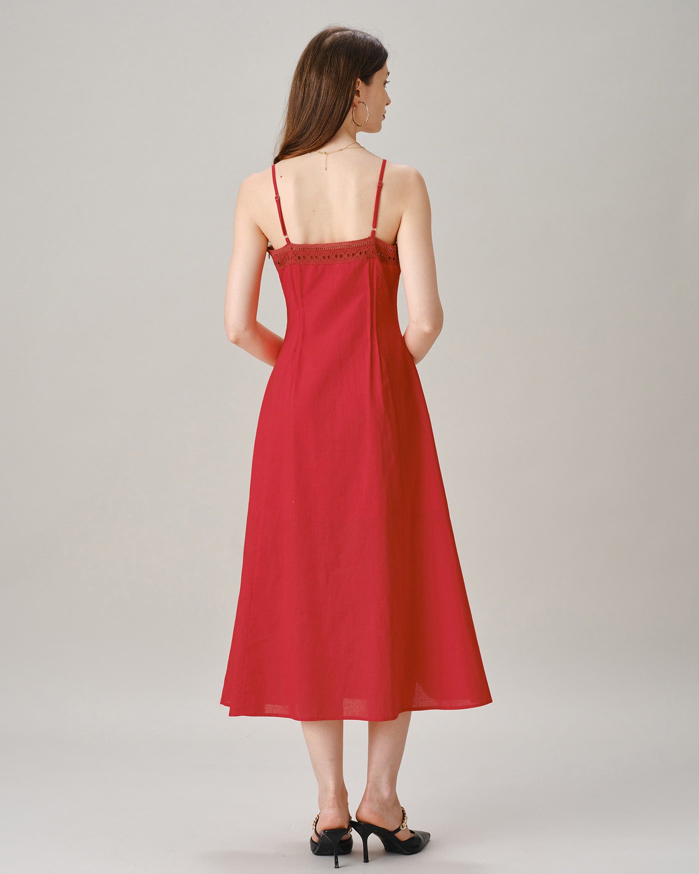 Red Square Neck Lace A-Line Midi Dress