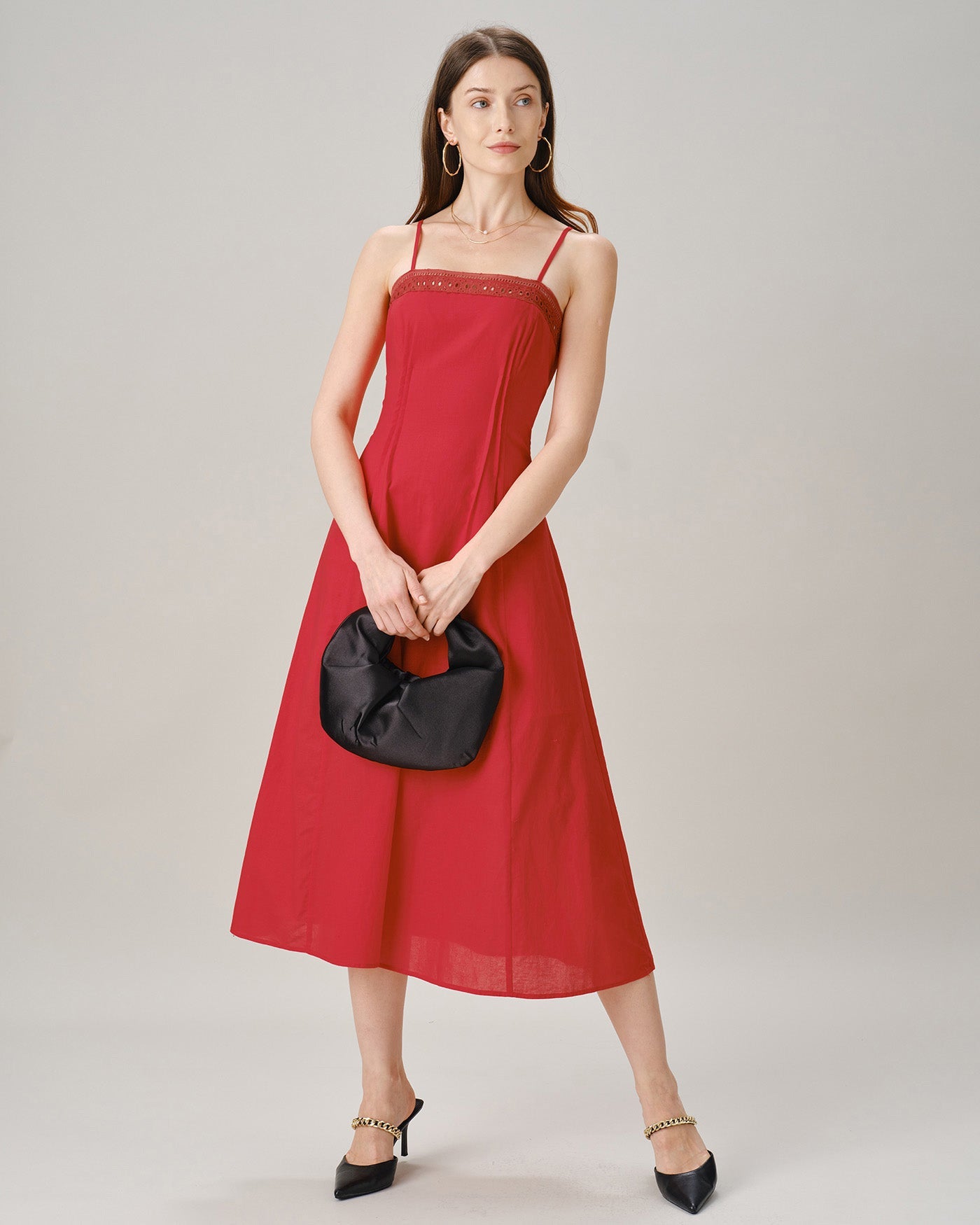 Red Square Neck Lace A-Line Midi Dress