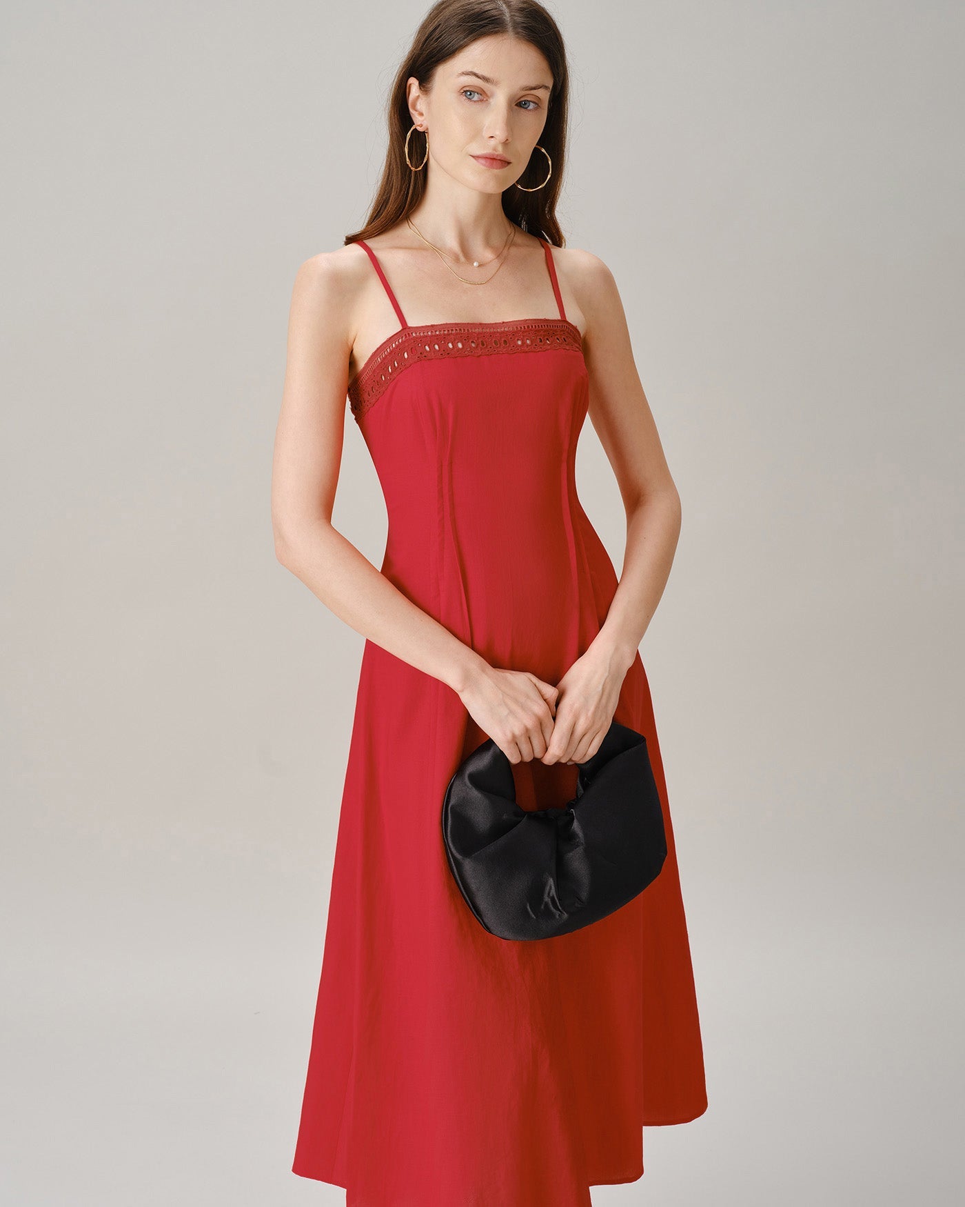 Red Square Neck Lace A-Line Midi Dress