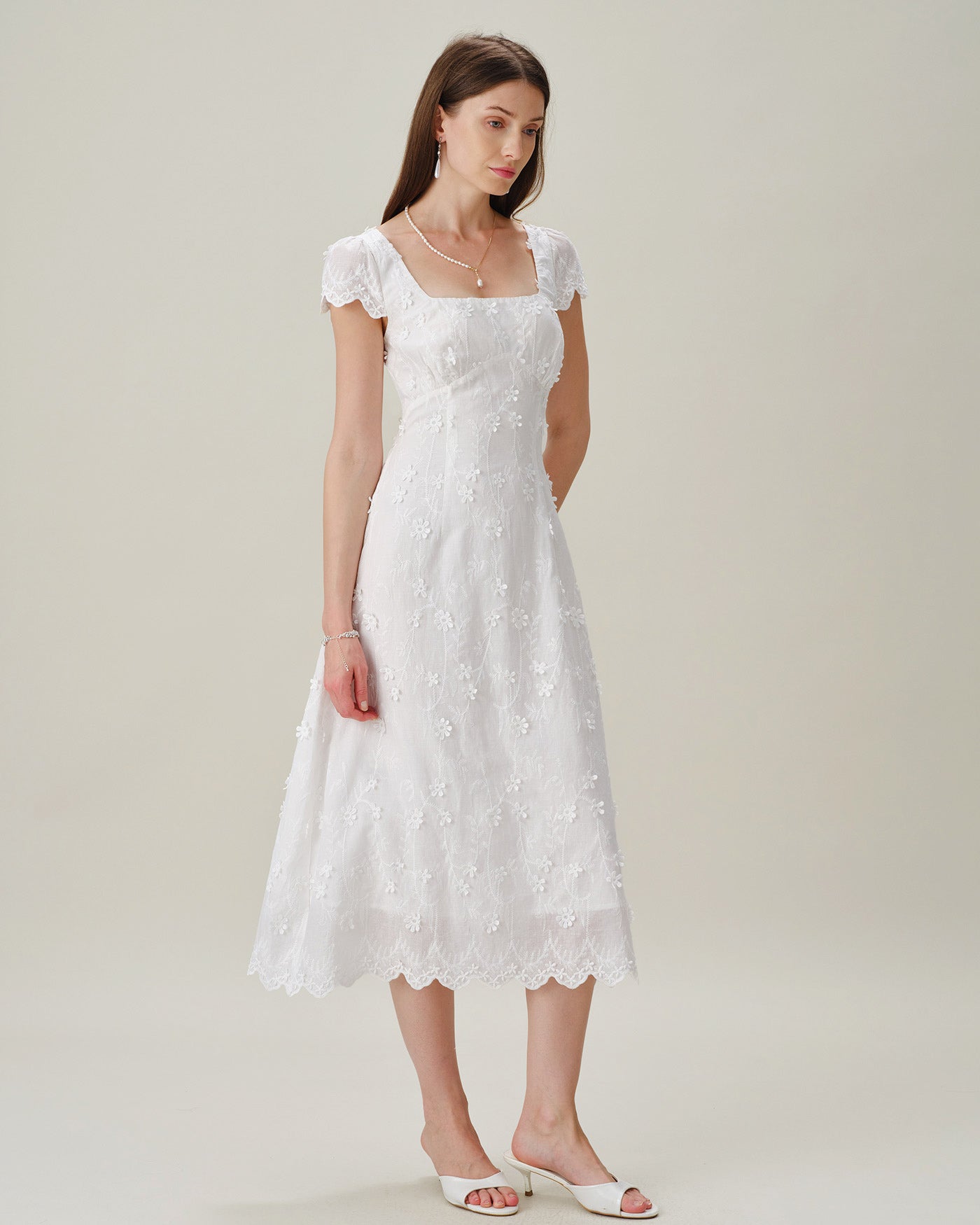 White Square Neck Embroidery Midi Dress