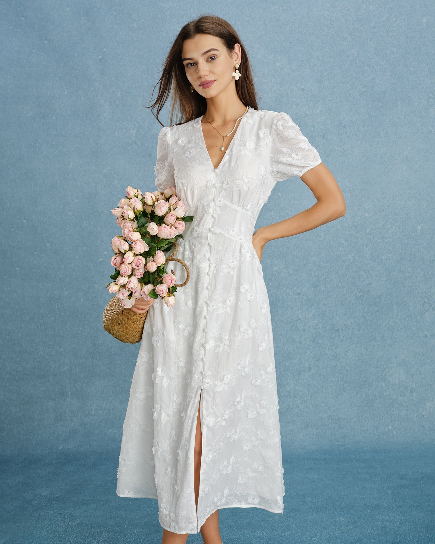 White Puffed Sleeve Embroidery Midi Dress