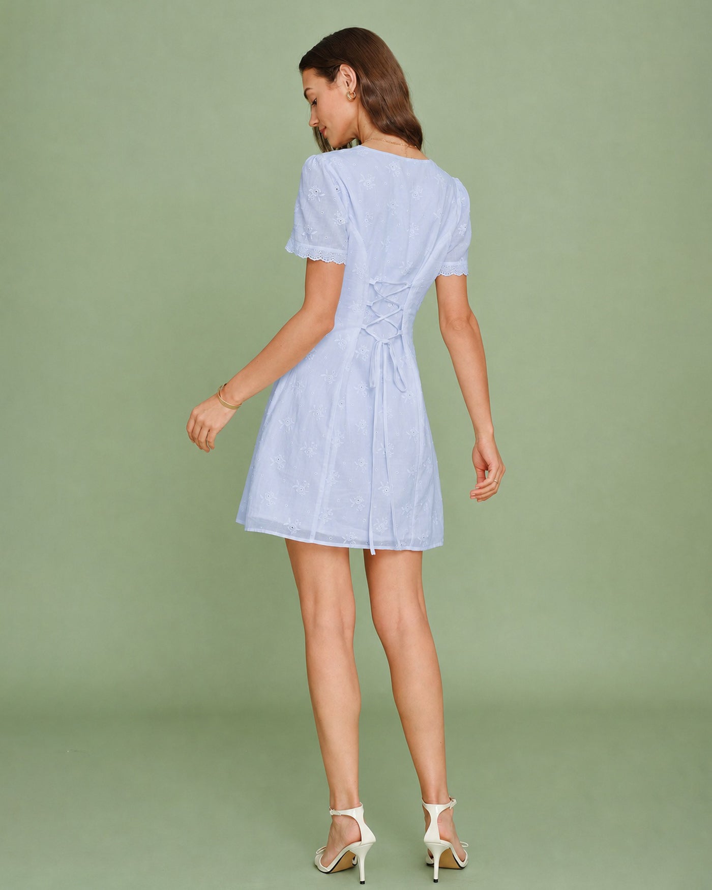 Blue V Neck Lace Embroidery Mini Dress