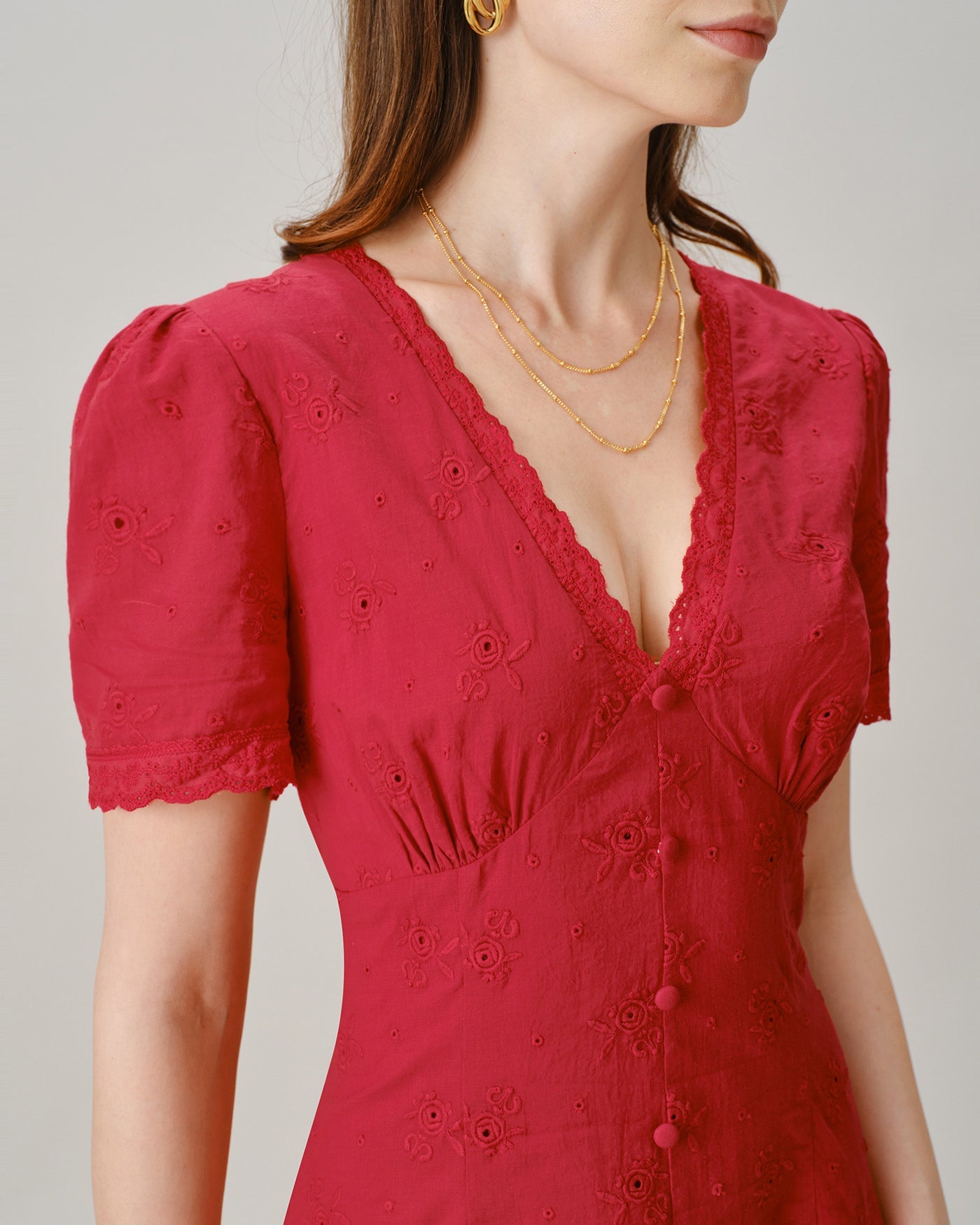 Red V Neck Lace Button Mini Dress