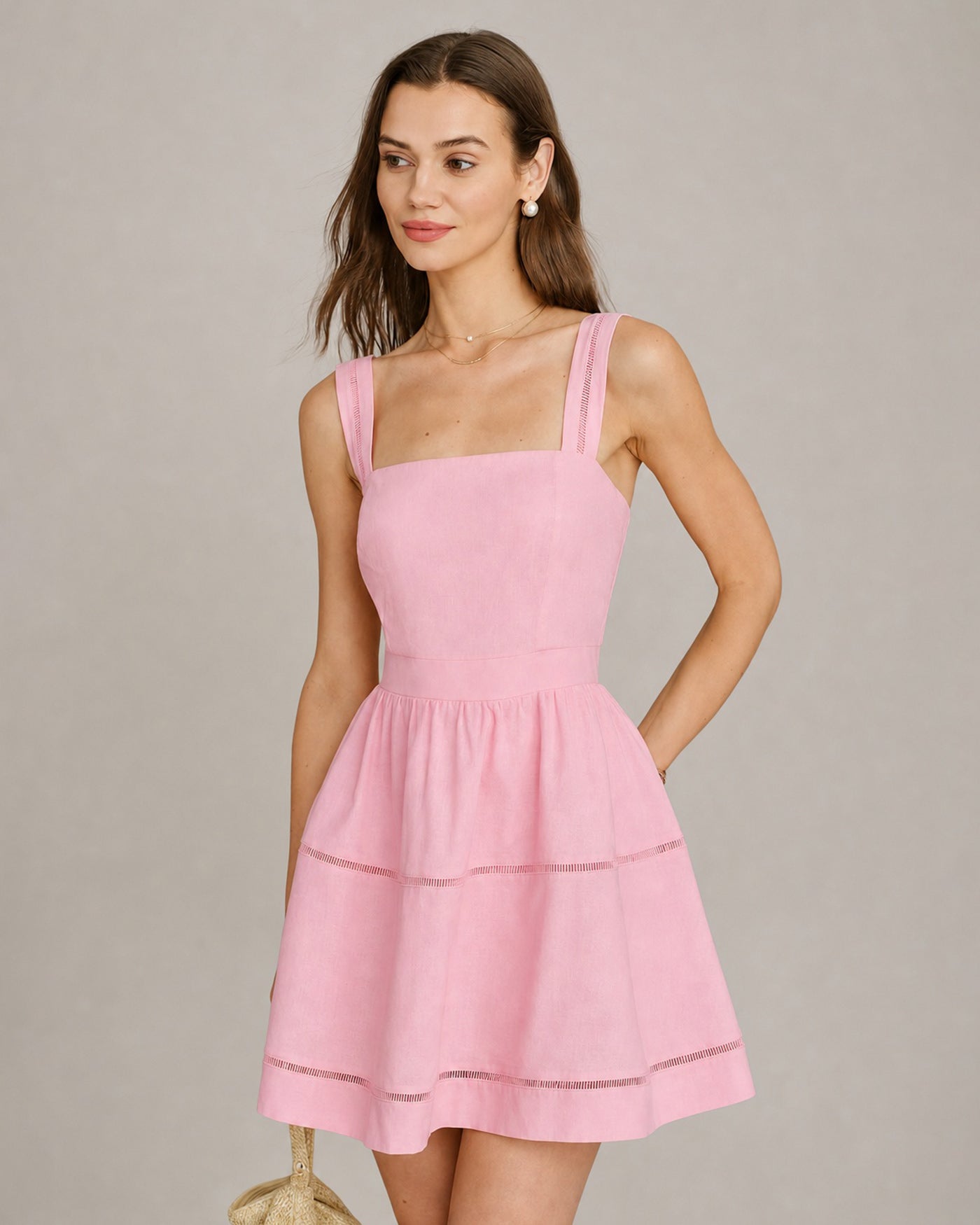 Pink Square Neck Shirred Mini Dress