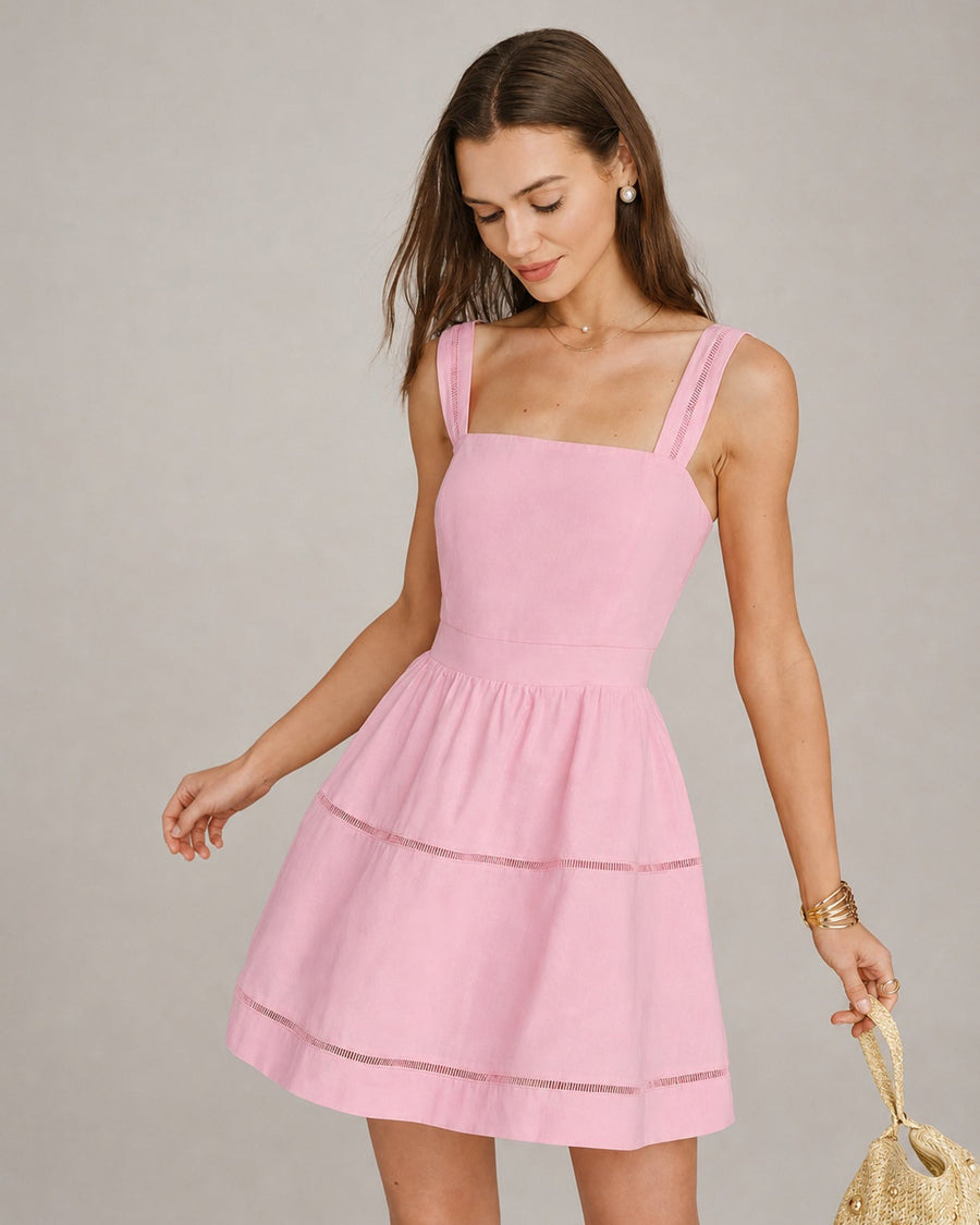Pink Square Neck Shirred Mini Dress