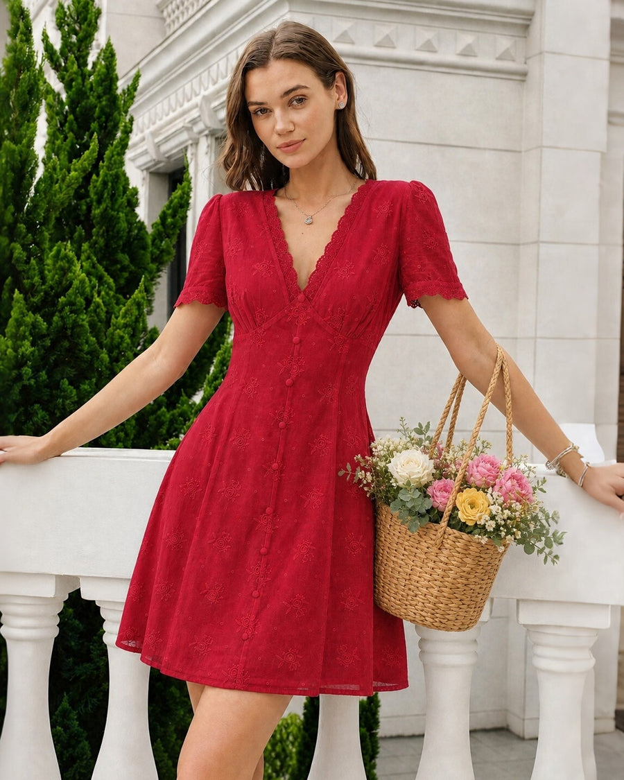 Red V Neck Lace Button Mini Dress
