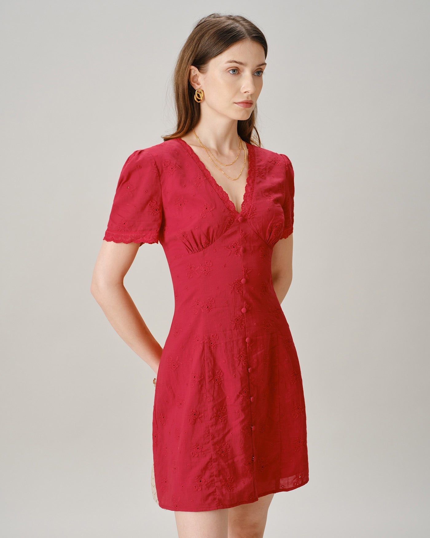 Red V Neck Lace Button Mini Dress