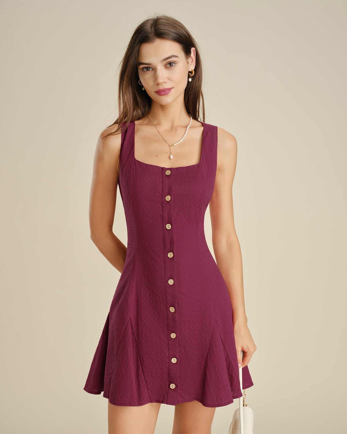 Red Square Neck Button Mini Dress
