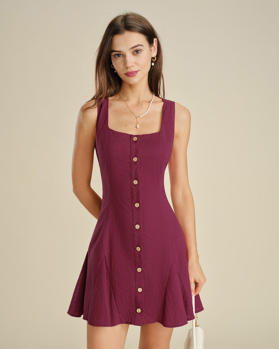 Red Square Neck Button Mini Dress