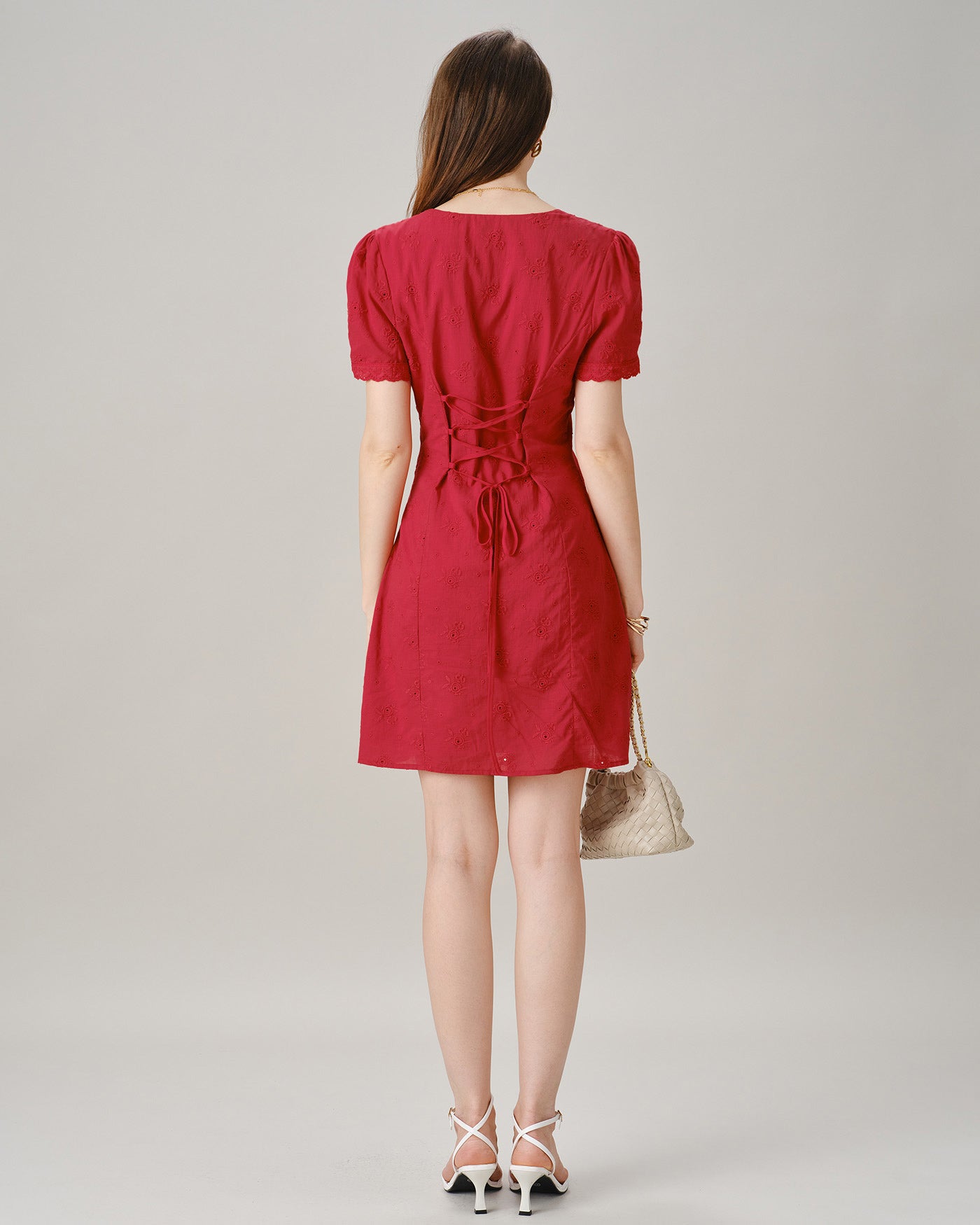Red V Neck Lace Button Mini Dress