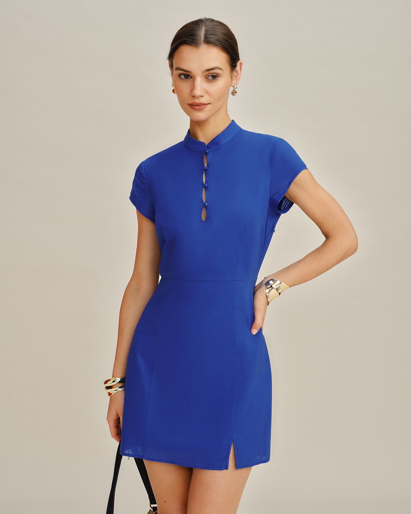 Blue Mandarin Collar Slit Mini Dress