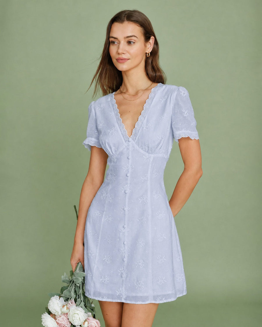 Blue V Neck Lace Embroidery Mini Dress