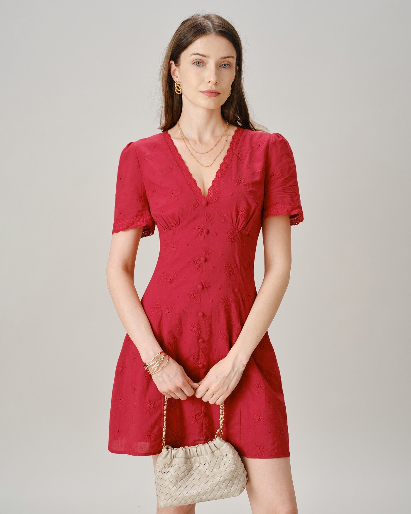 Red V Neck Lace Button Mini Dress