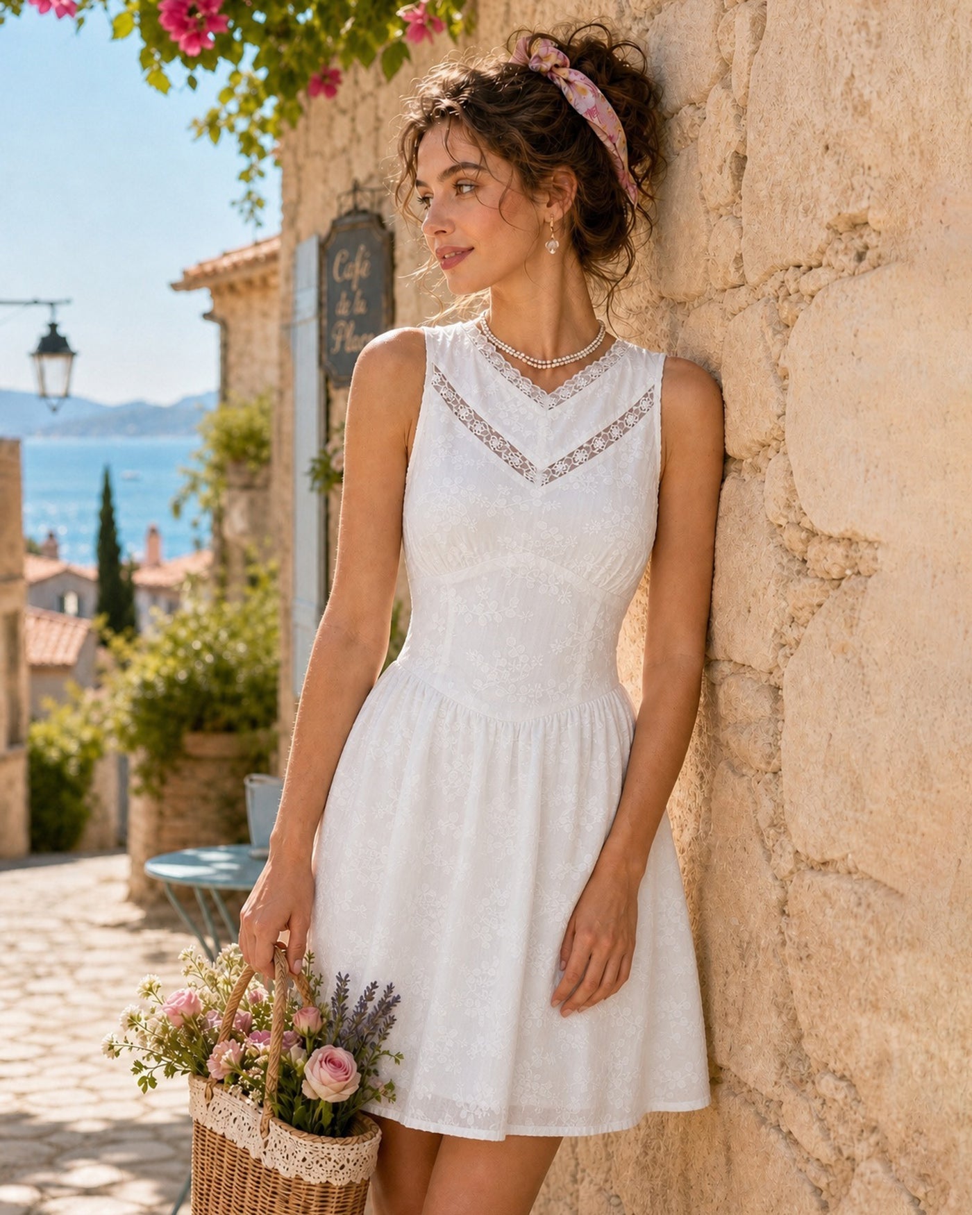 White V Neck Lace Embroidery Mini Dress