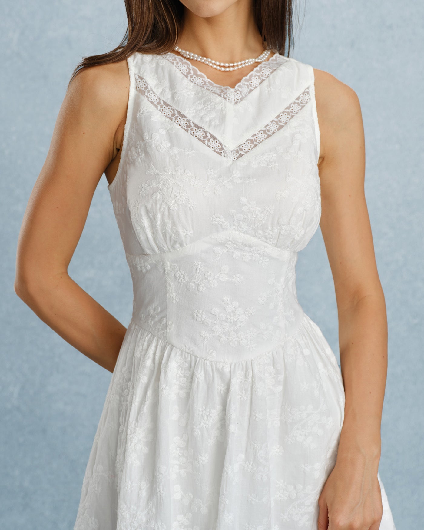 White V Neck Lace Embroidery Mini Dress
