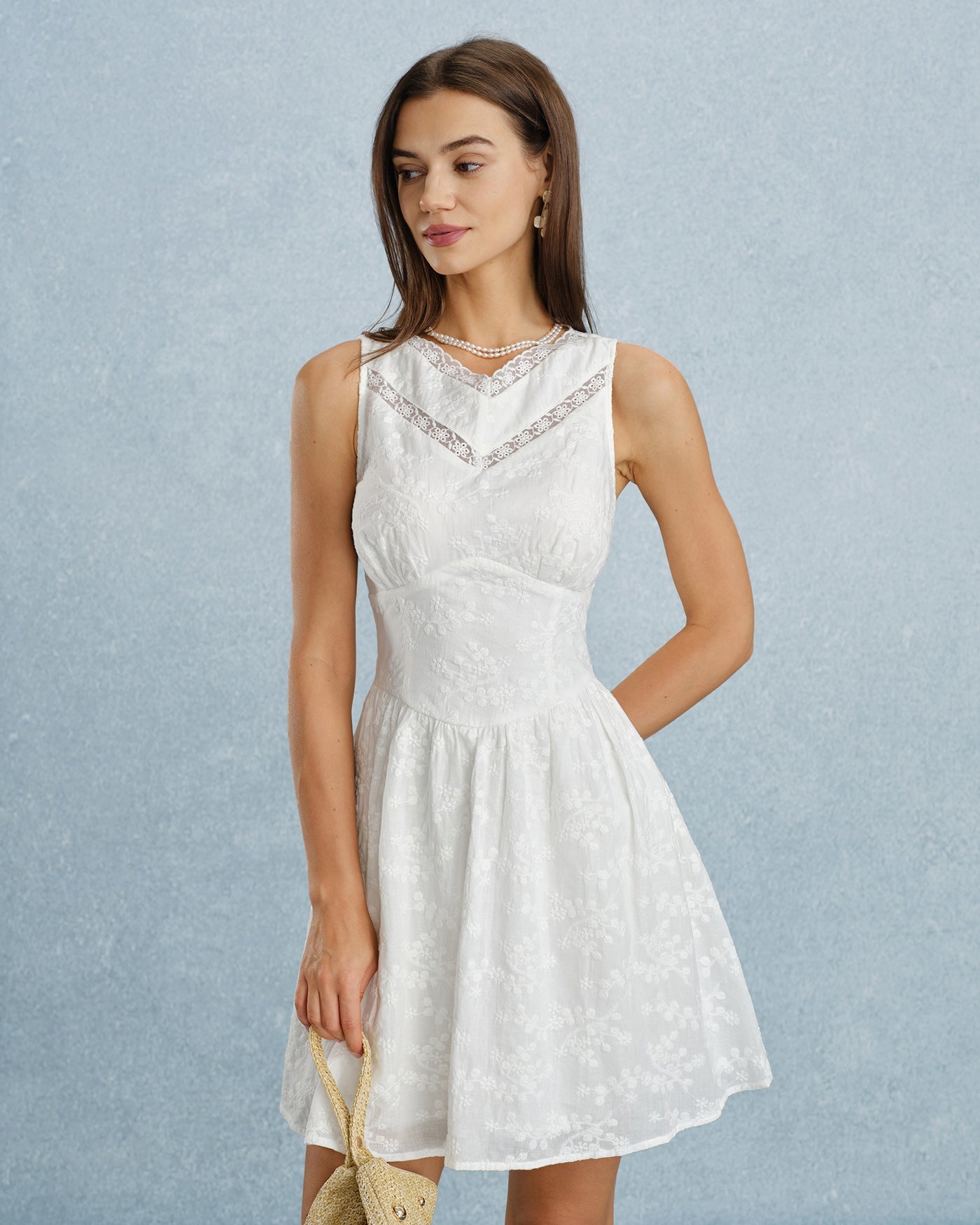 White V Neck Lace Embroidery Mini Dress