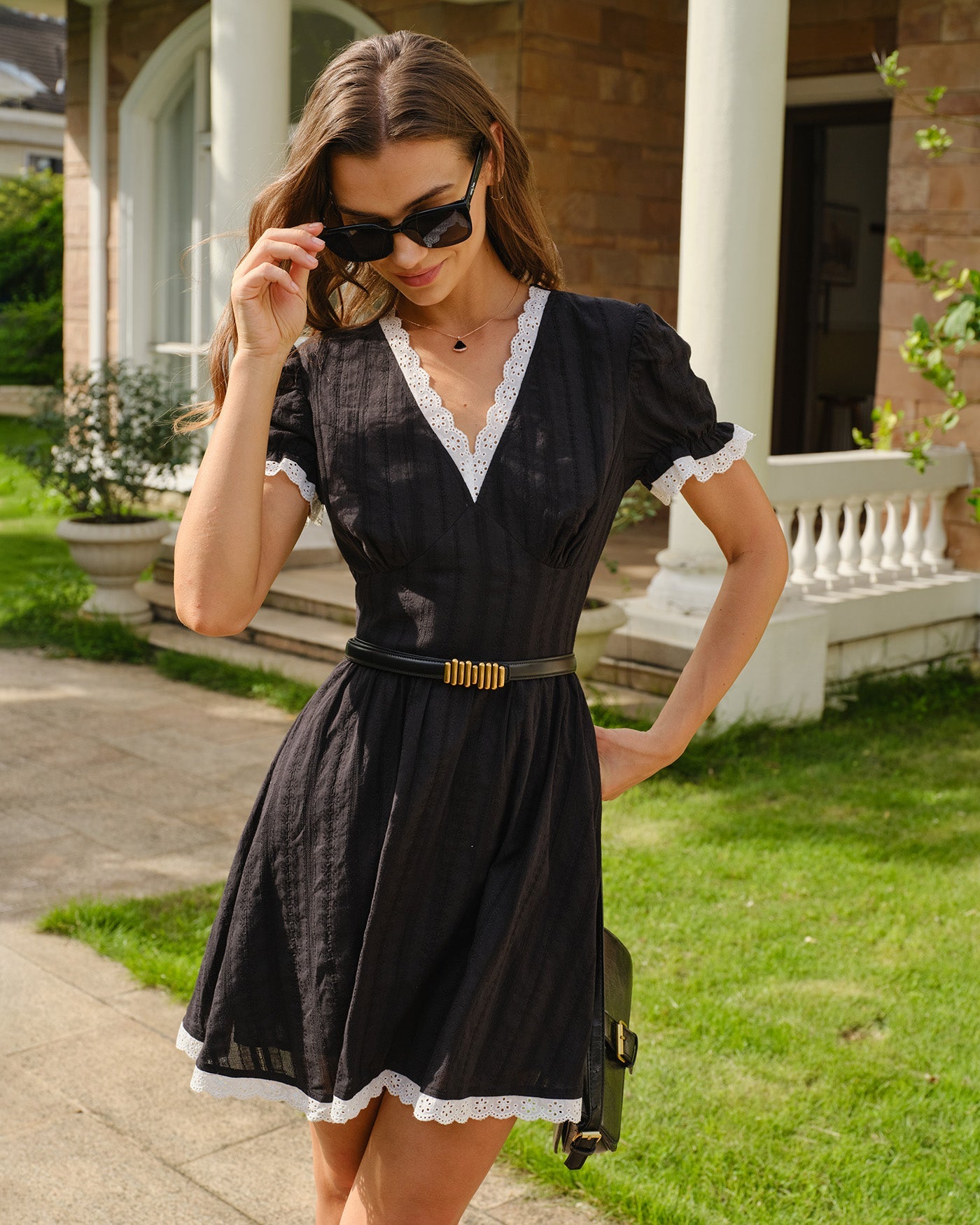 Black V Neck Lace Contrasting Mini Dress
