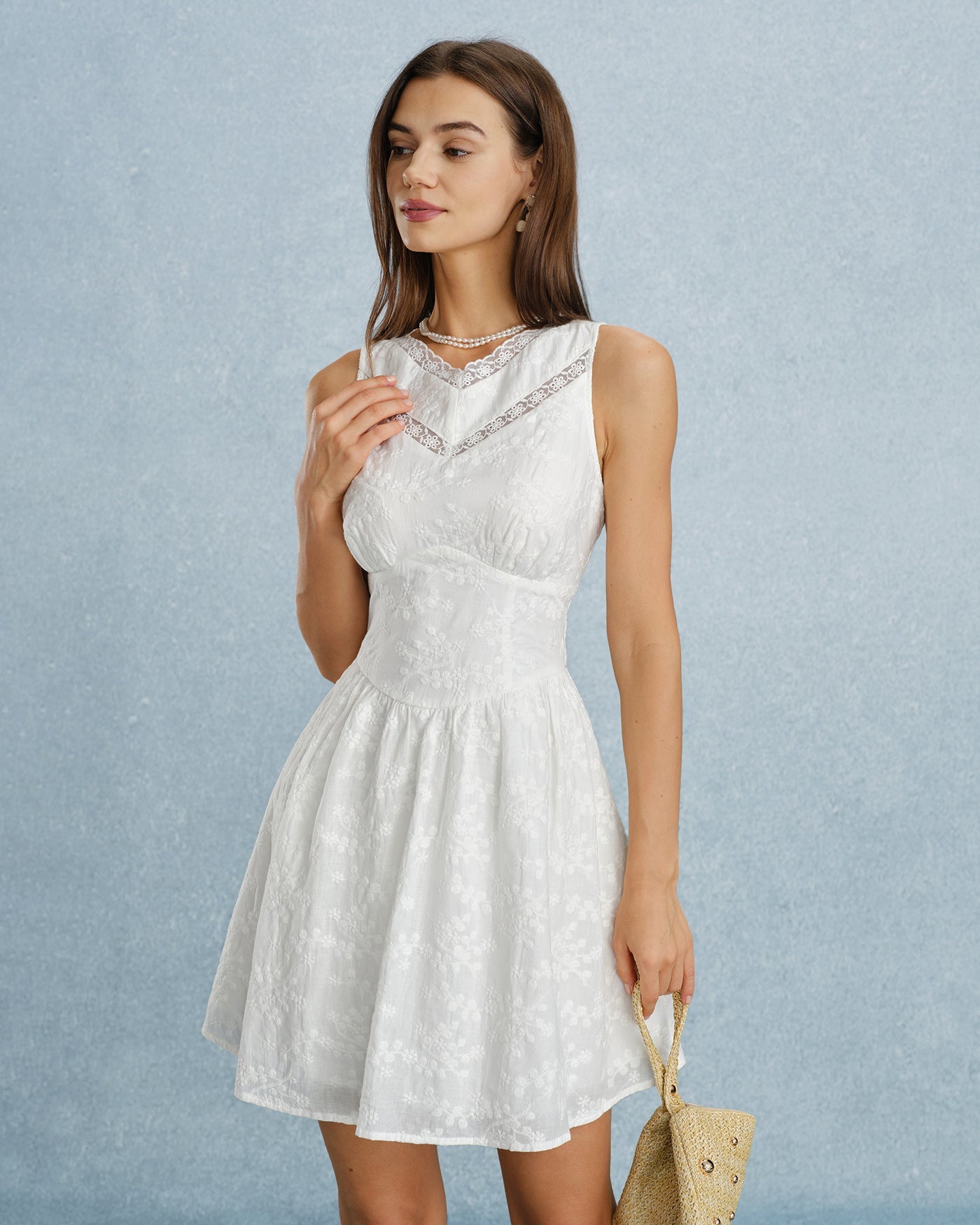 White V Neck Lace Embroidery Mini Dress