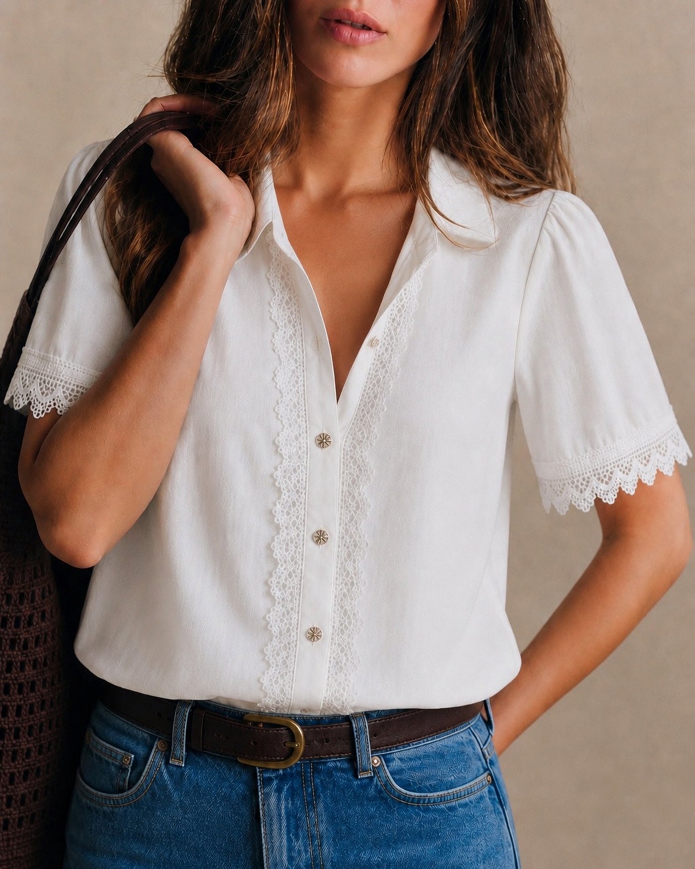 White Collar Splicing Button Shirt