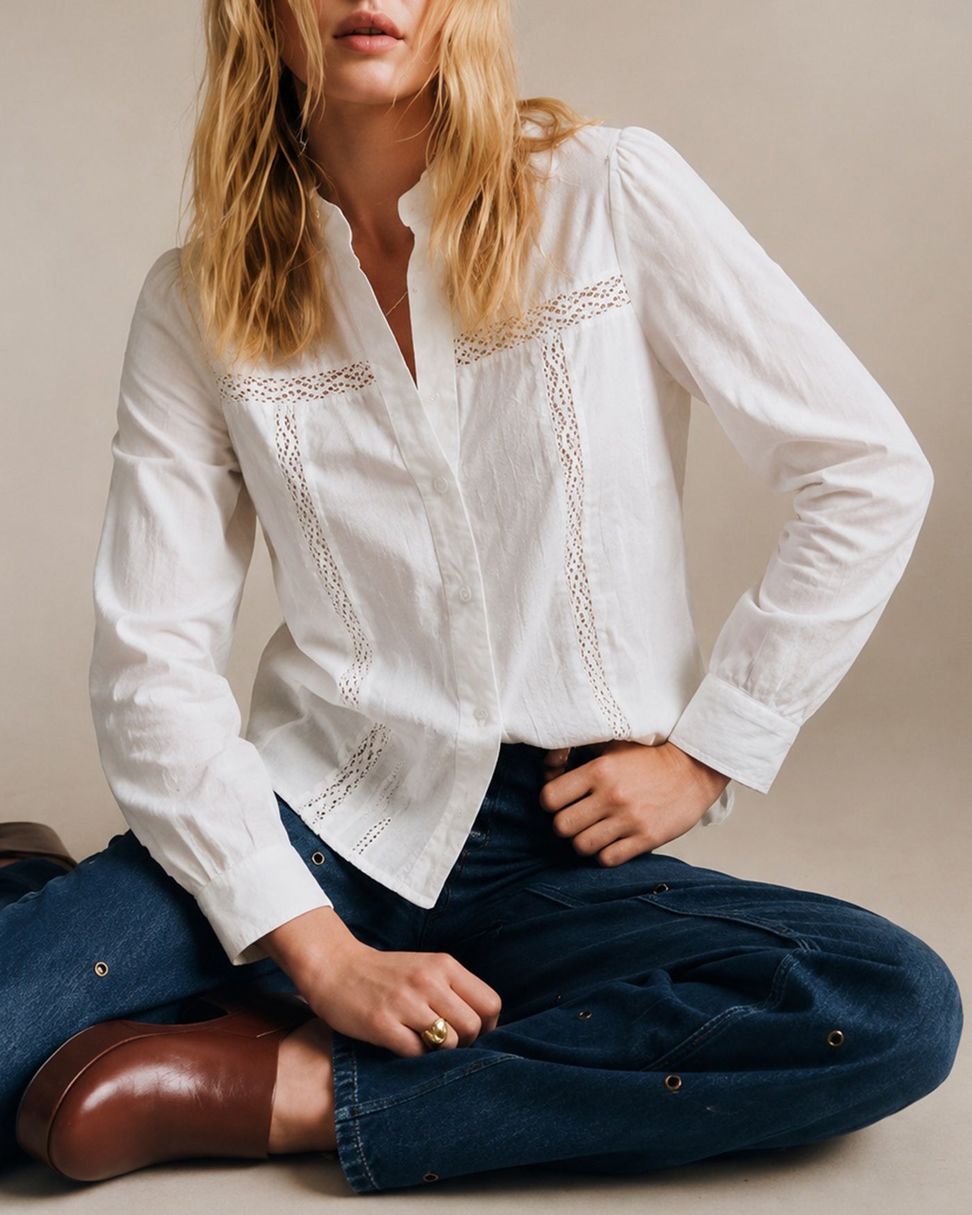White V Neck Textured Button Shirt