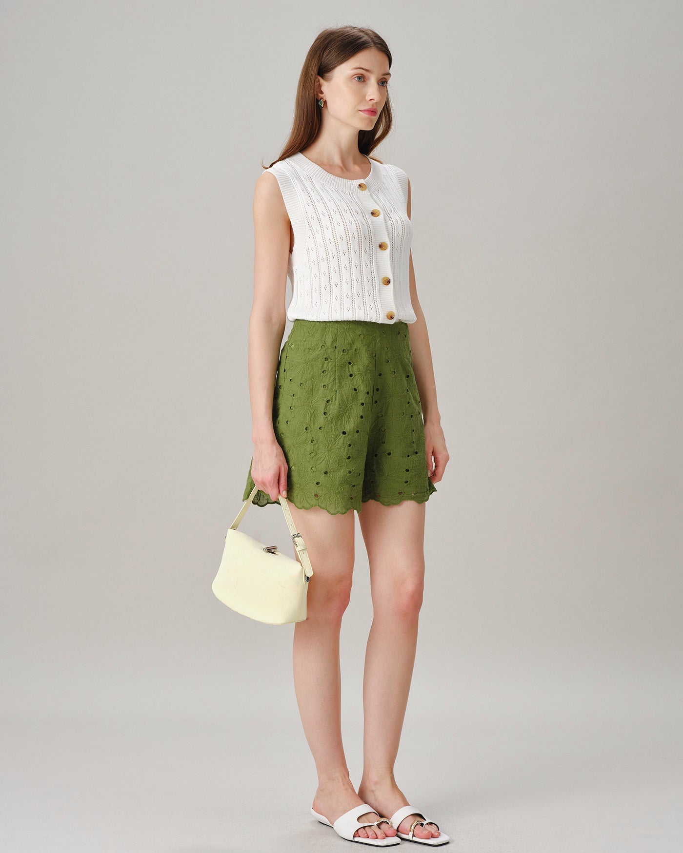 Green Cut Out Embroidery Pockets Shorts