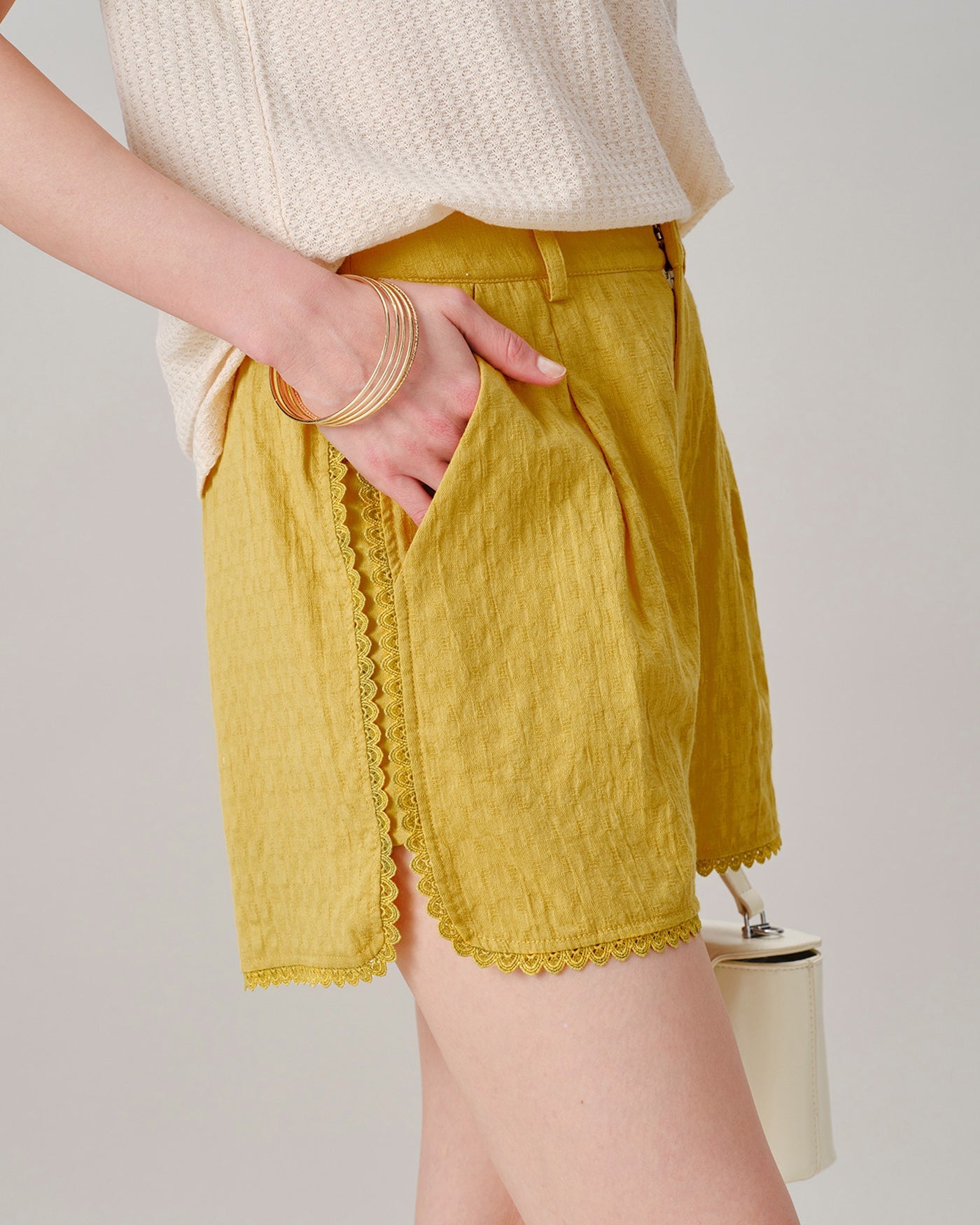 Yellow Solid Lace Pockets Shorts